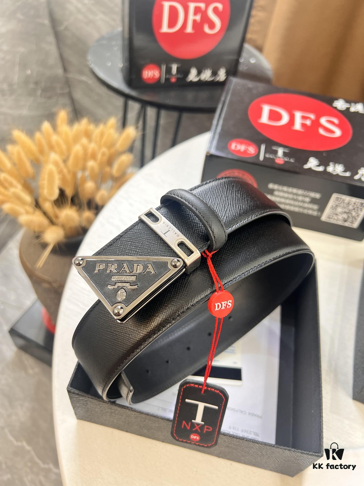 693200aa3a89a121ed550170 Prada Style Hong Kong Tax-Free Gift Box Leather Belt with Square Buckle, Cross-Grain Calfskin Men's Formal Belt