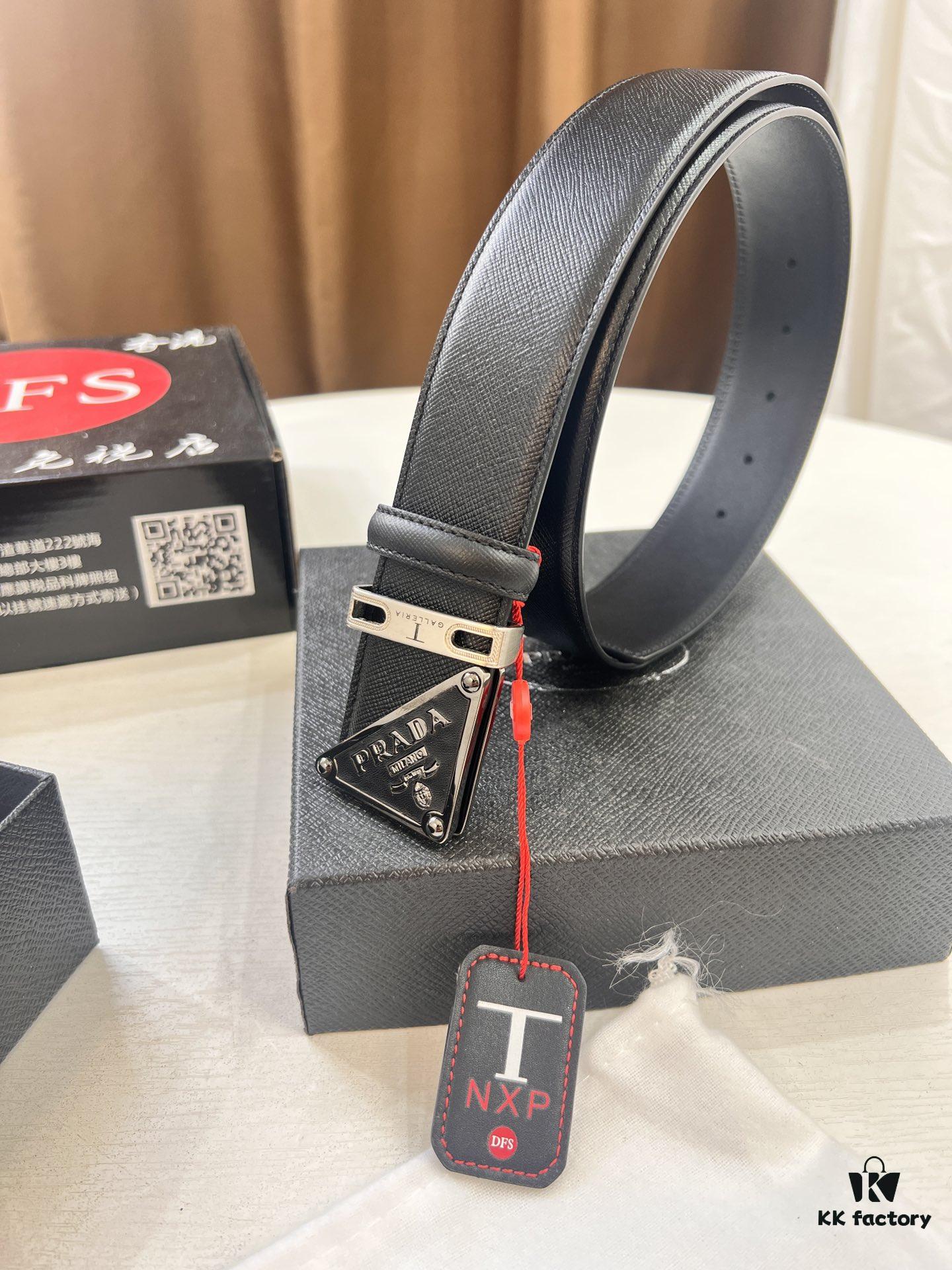 693200aa3a89a121ed550171 Prada Style Hong Kong Tax-Free Gift Box Leather Belt with Square Buckle, Cross-Grain Calfskin Men's Formal Belt
