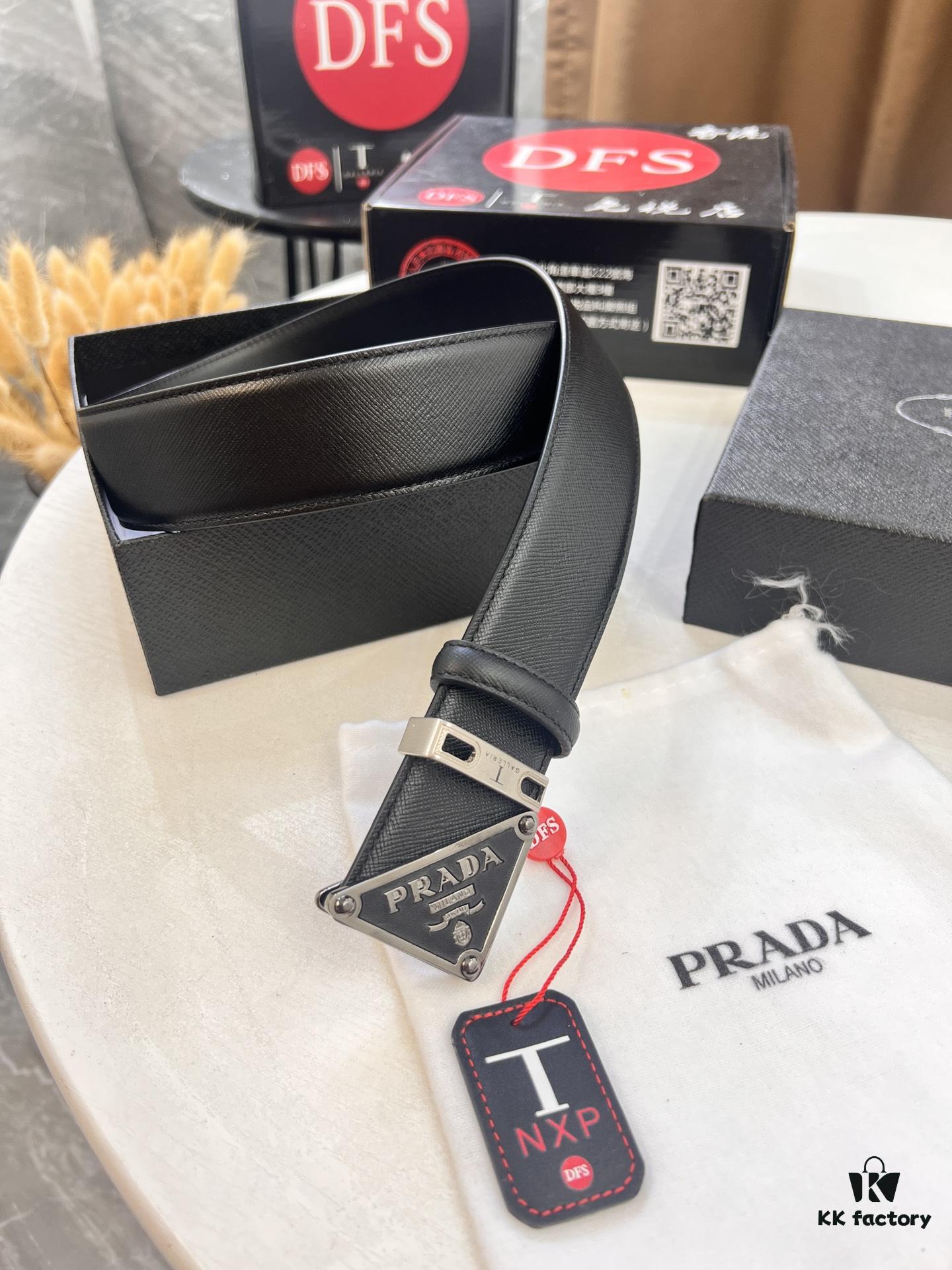 693200aa3a89a121ed550172 Prada Style Hong Kong Tax-Free Gift Box Leather Belt with Square Buckle, Cross-Grain Calfskin Men's Formal Belt