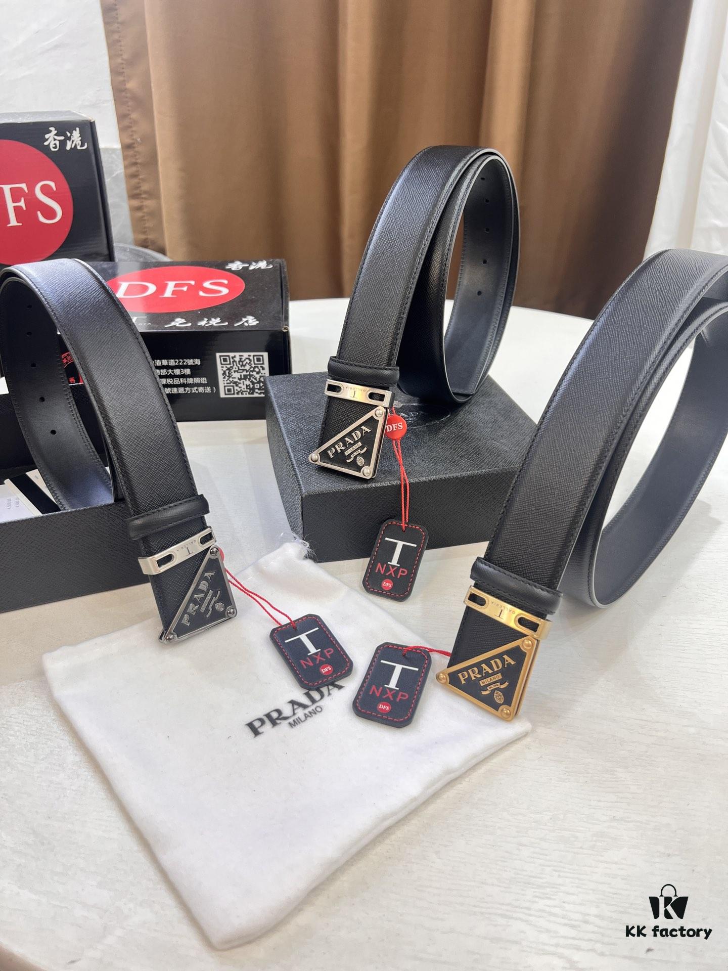693200aa3a89a121ed550173 Prada Style Hong Kong Tax-Free Gift Box Leather Belt with Square Buckle, Cross-Grain Calfskin Men's Formal Belt