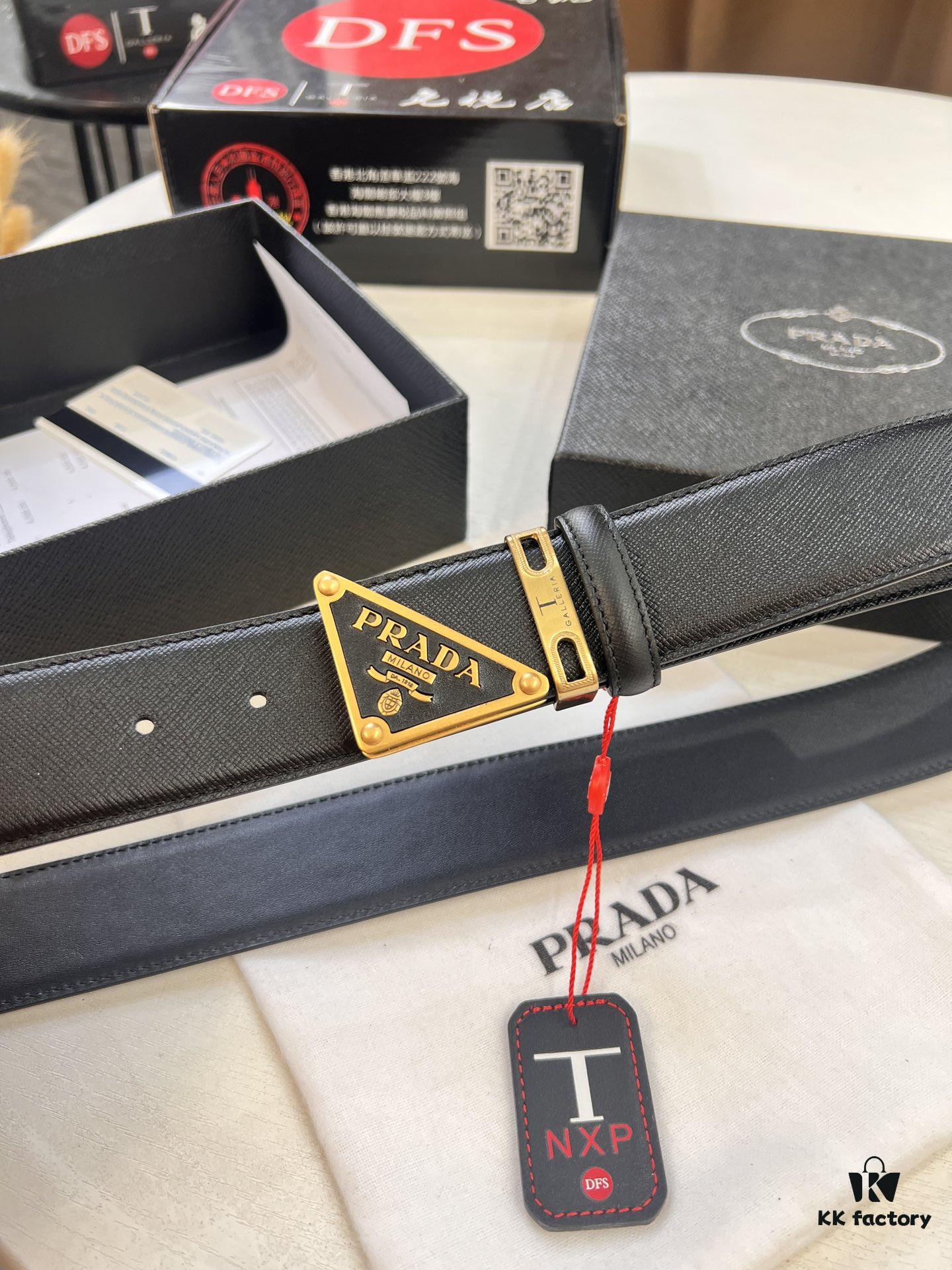 693200aa3a89a121ed550175 Prada Style Hong Kong Duty-Free Gift Box Leather Belt for Men, Cross-Grain Calfskin with Square Buckle, 3.5cm Width, Premium Craftsmanship
