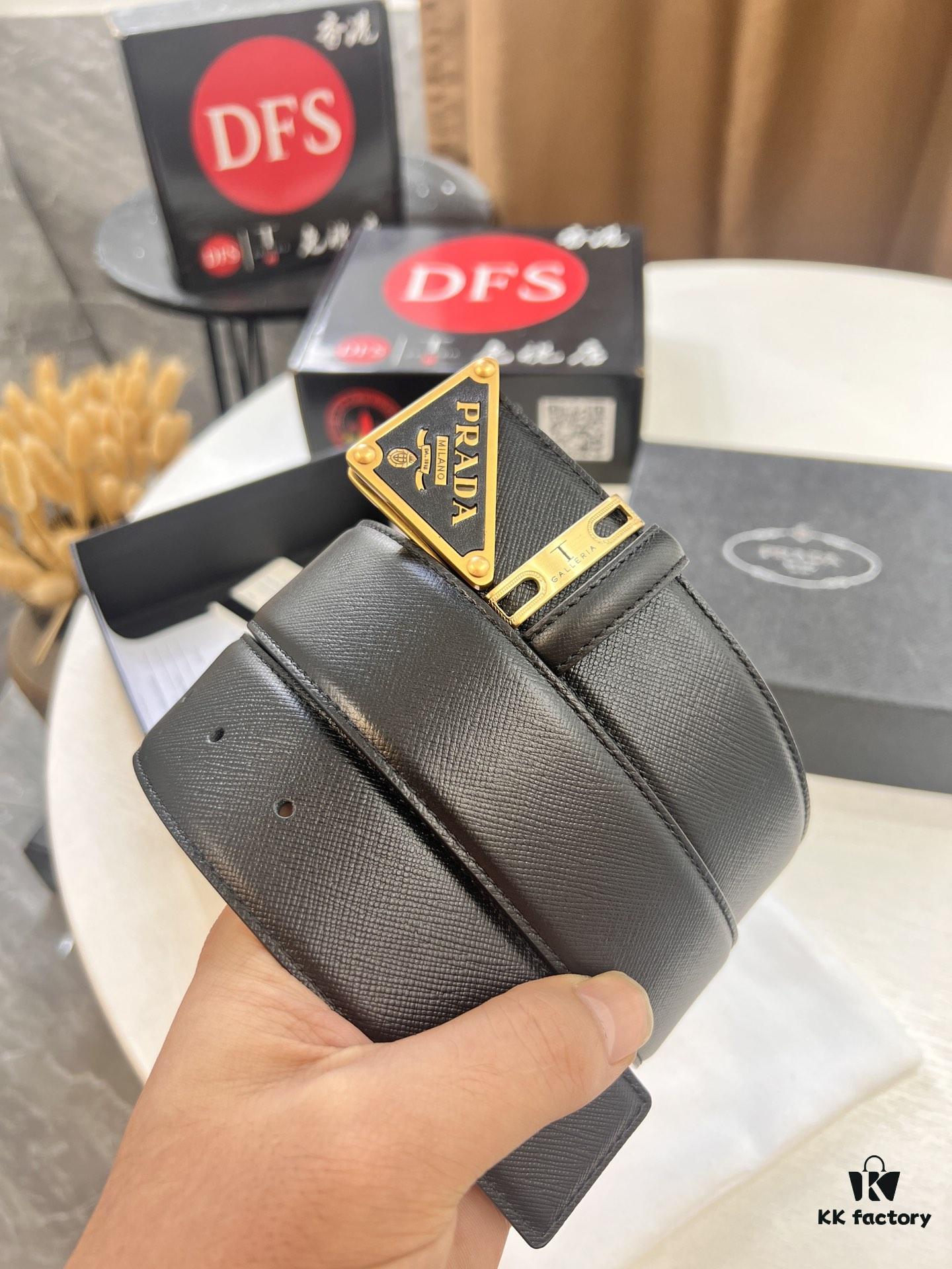 693200aa3a89a121ed550176 Prada Style Hong Kong Duty-Free Gift Box Leather Belt for Men, Cross-Grain Calfskin with Square Buckle, 3.5cm Width, Premium Craftsmanship
