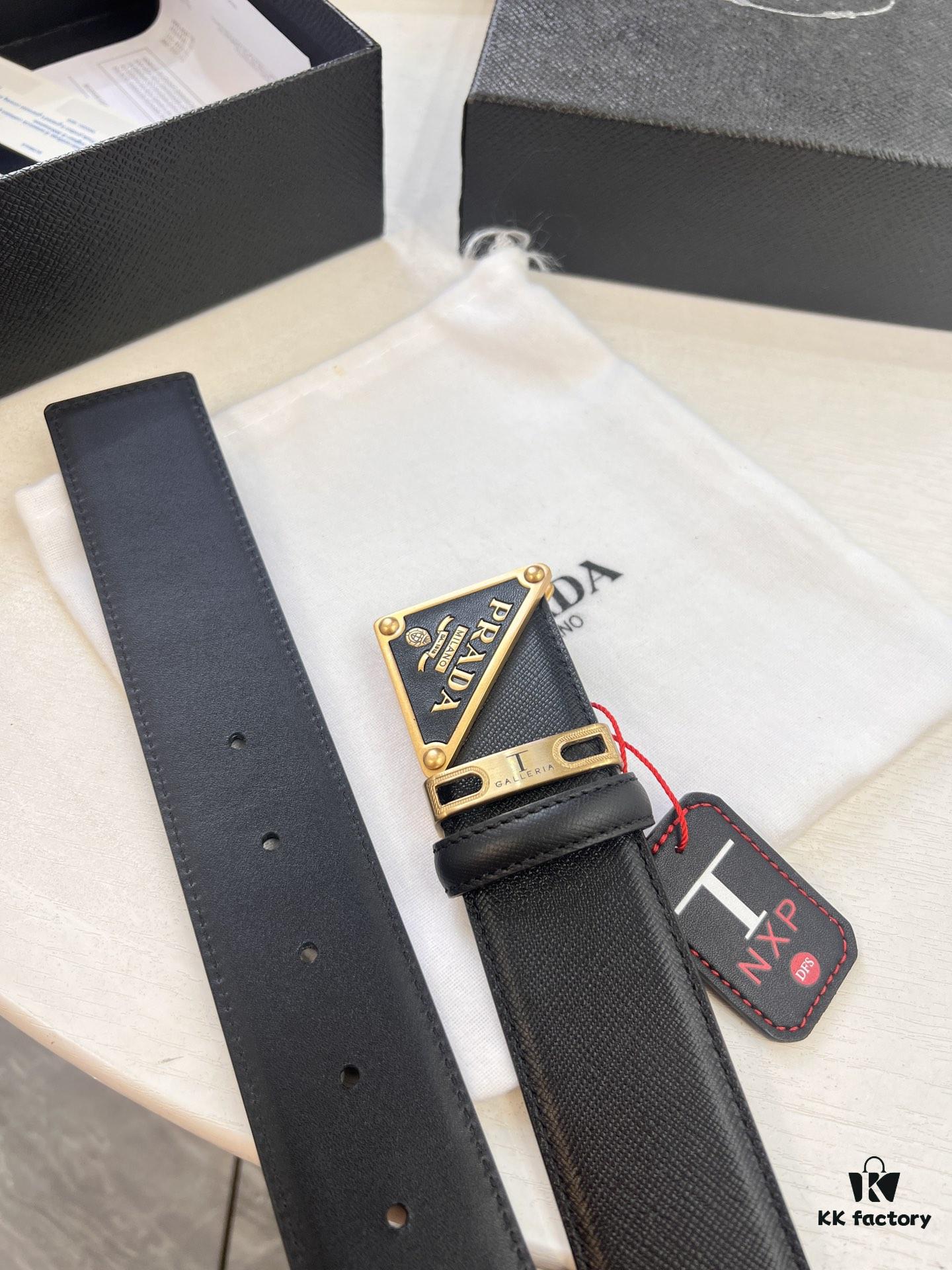 693200aa3a89a121ed550177 Prada Style Hong Kong Duty-Free Gift Box Leather Belt for Men, Cross-Grain Calfskin with Square Buckle, 3.5cm Width, Premium Craftsmanship