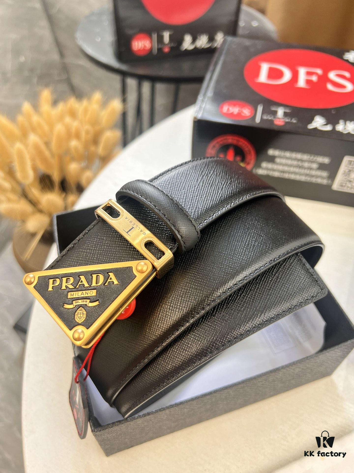 693200aa3a89a121ed550178 Prada Style Hong Kong Duty-Free Gift Box Leather Belt for Men, Cross-Grain Calfskin with Square Buckle, 3.5cm Width, Premium Craftsmanship