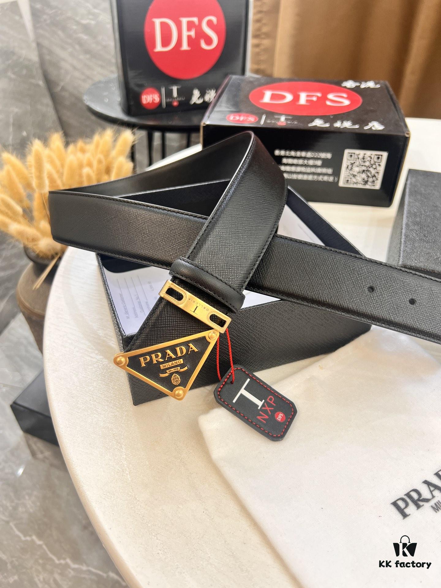 693200aa3a89a121ed550179 Prada Style Hong Kong Duty-Free Gift Box Leather Belt for Men, Cross-Grain Calfskin with Square Buckle, 3.5cm Width, Premium Craftsmanship