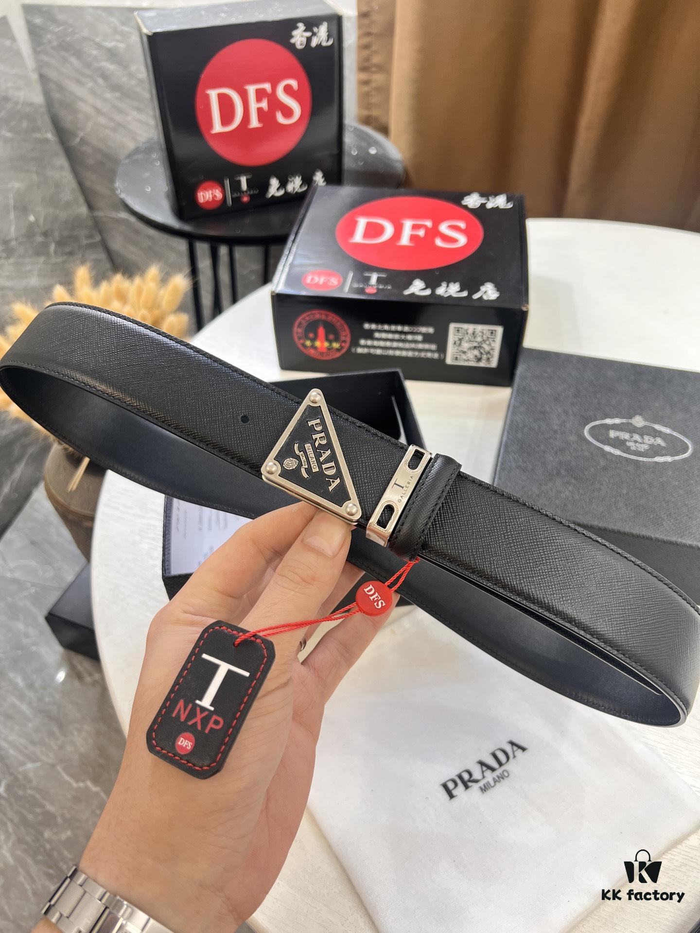 693200aa3a89a121ed55017b Prada Style Hong Kong Duty-Free Gift Box Leather Belt - Cross-Grain Calfskin with NXP Anti-Counterfeit Chip, Polished Metal Buckle, 3.5cm Width
