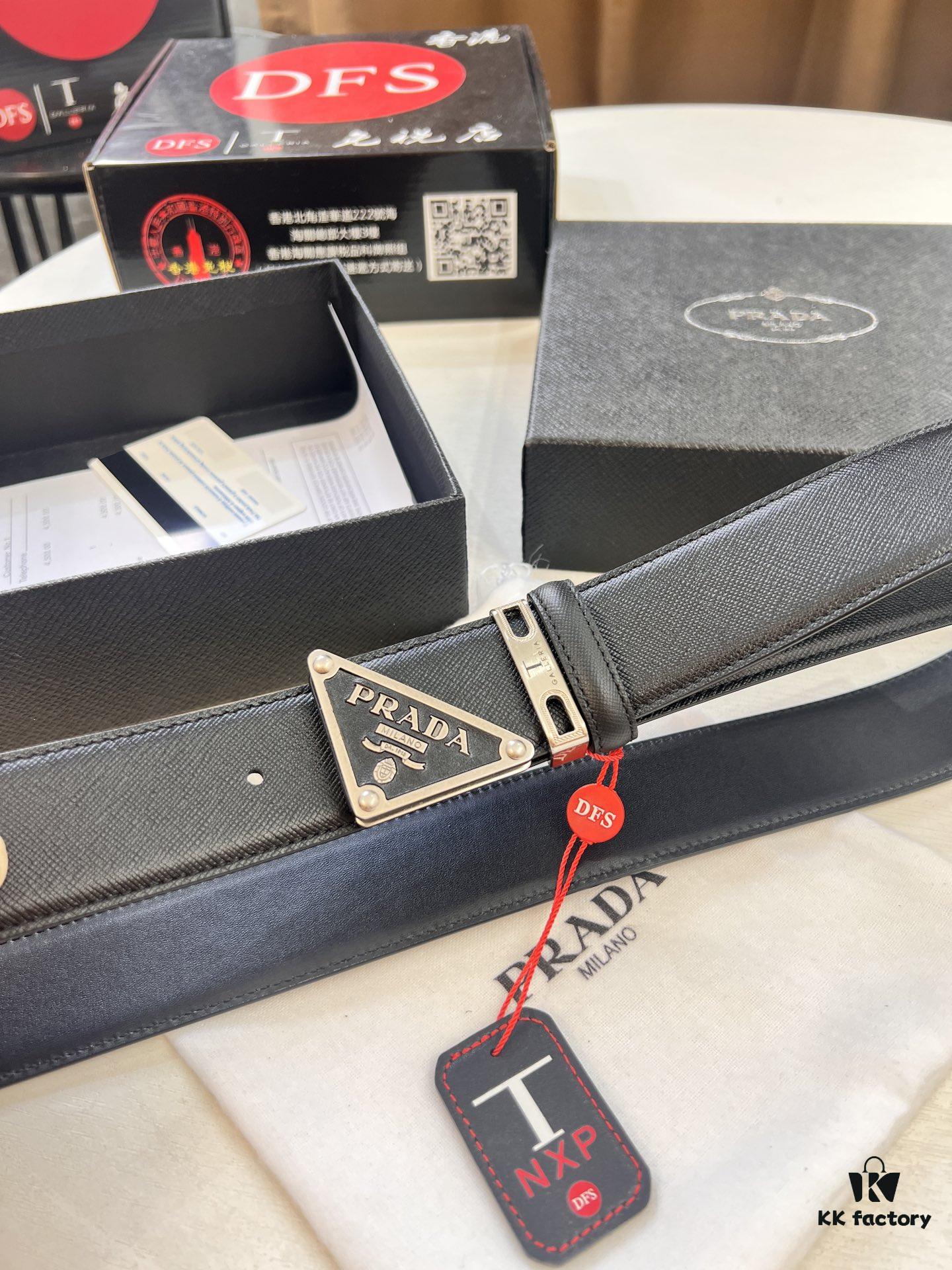 693200aa3a89a121ed55017c Prada Style Hong Kong Duty-Free Gift Box Leather Belt - Cross-Grain Calfskin with NXP Anti-Counterfeit Chip, Polished Metal Buckle, 3.5cm Width