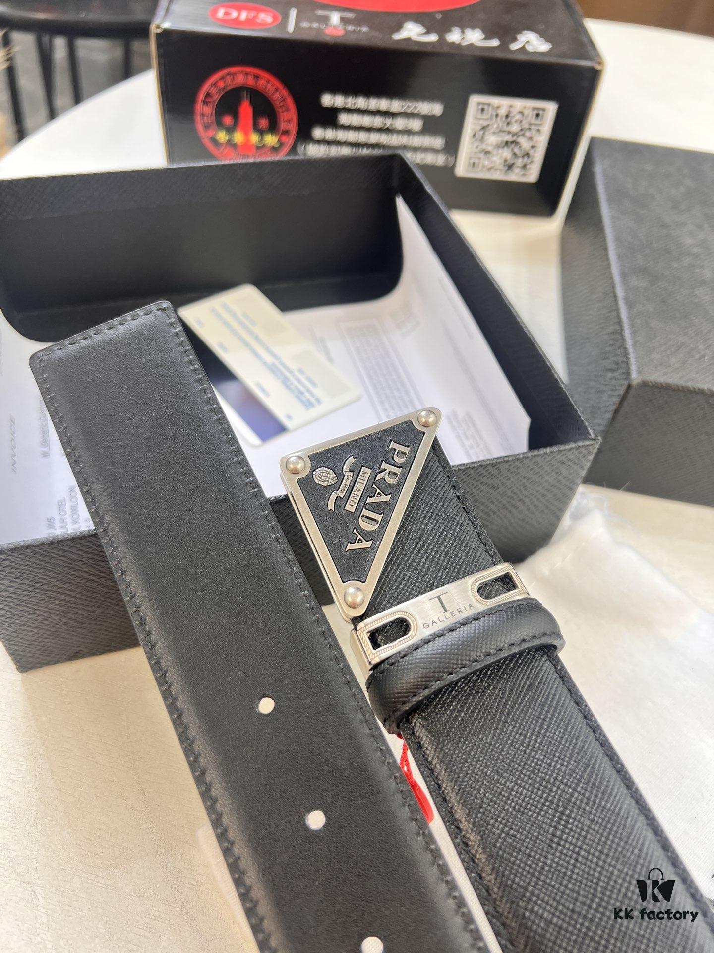 693200ab3a89a121ed55017d Prada Style Hong Kong Duty-Free Gift Box Leather Belt - Cross-Grain Calfskin with NXP Anti-Counterfeit Chip, Polished Metal Buckle, 3.5cm Width