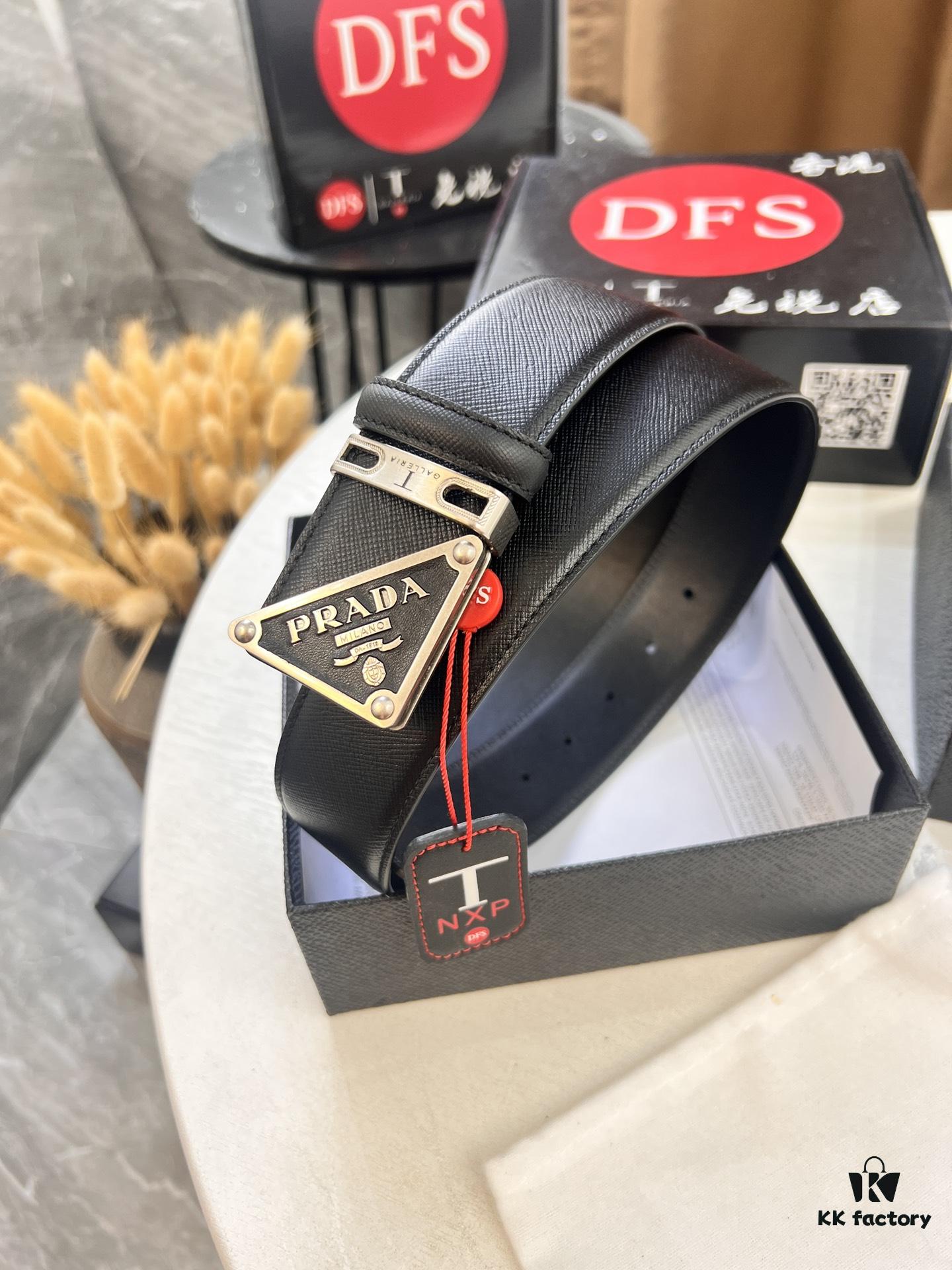 693200ab3a89a121ed55017e Prada Style Hong Kong Duty-Free Gift Box Leather Belt - Cross-Grain Calfskin with NXP Anti-Counterfeit Chip, Polished Metal Buckle, 3.5cm Width