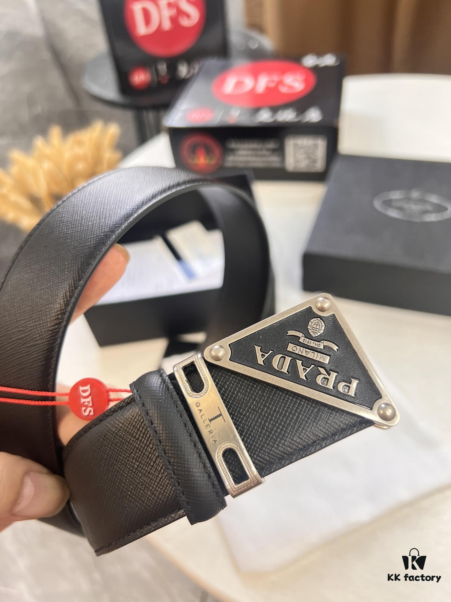 693200ab3a89a121ed55017f Prada Style Hong Kong Duty-Free Gift Box Leather Belt - Cross-Grain Calfskin with NXP Anti-Counterfeit Chip, Polished Metal Buckle, 3.5cm Width
