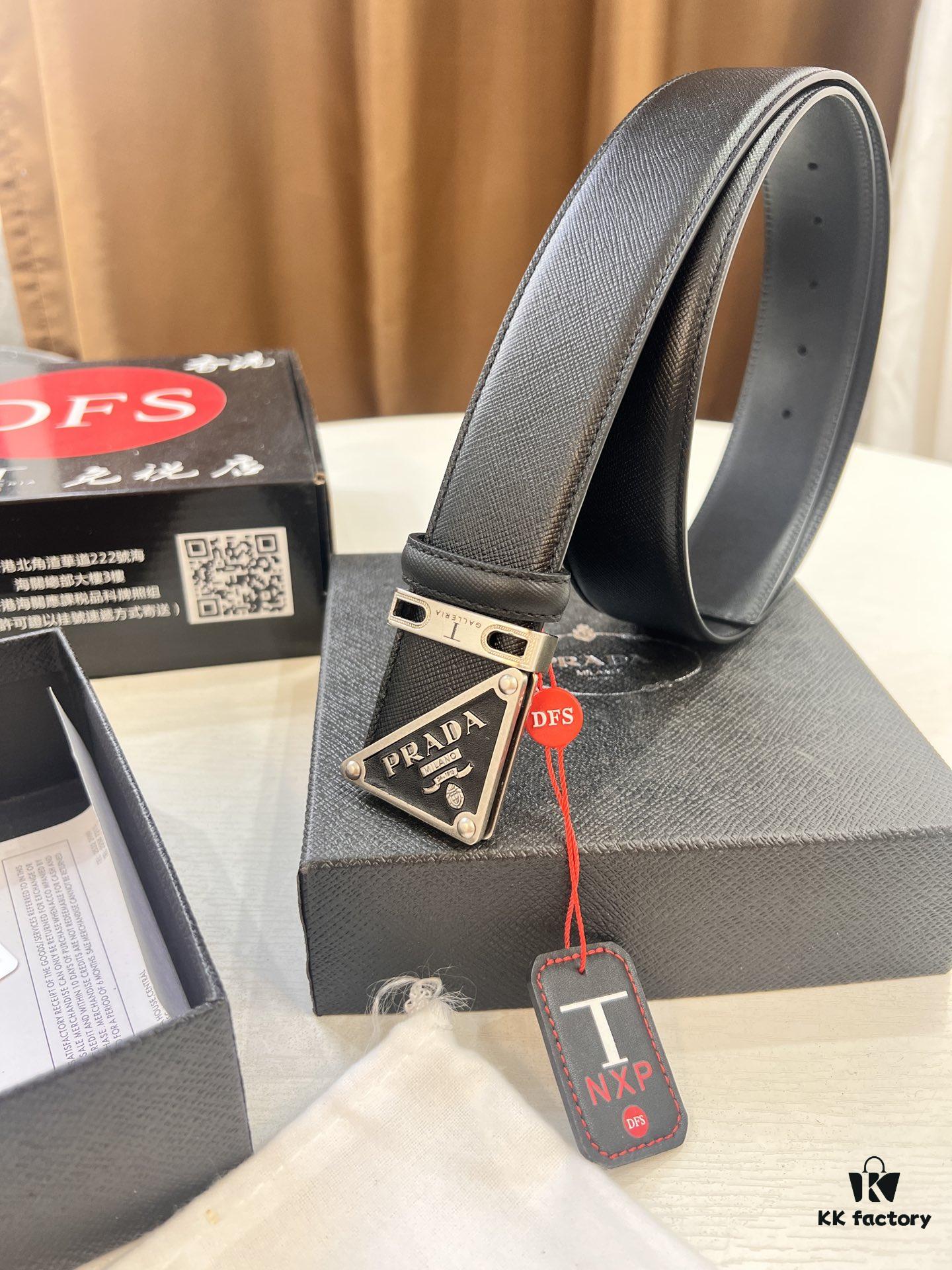 693200ab3a89a121ed550180 Prada Style Hong Kong Duty-Free Gift Box Leather Belt - Cross-Grain Calfskin with NXP Anti-Counterfeit Chip, Polished Metal Buckle, 3.5cm Width