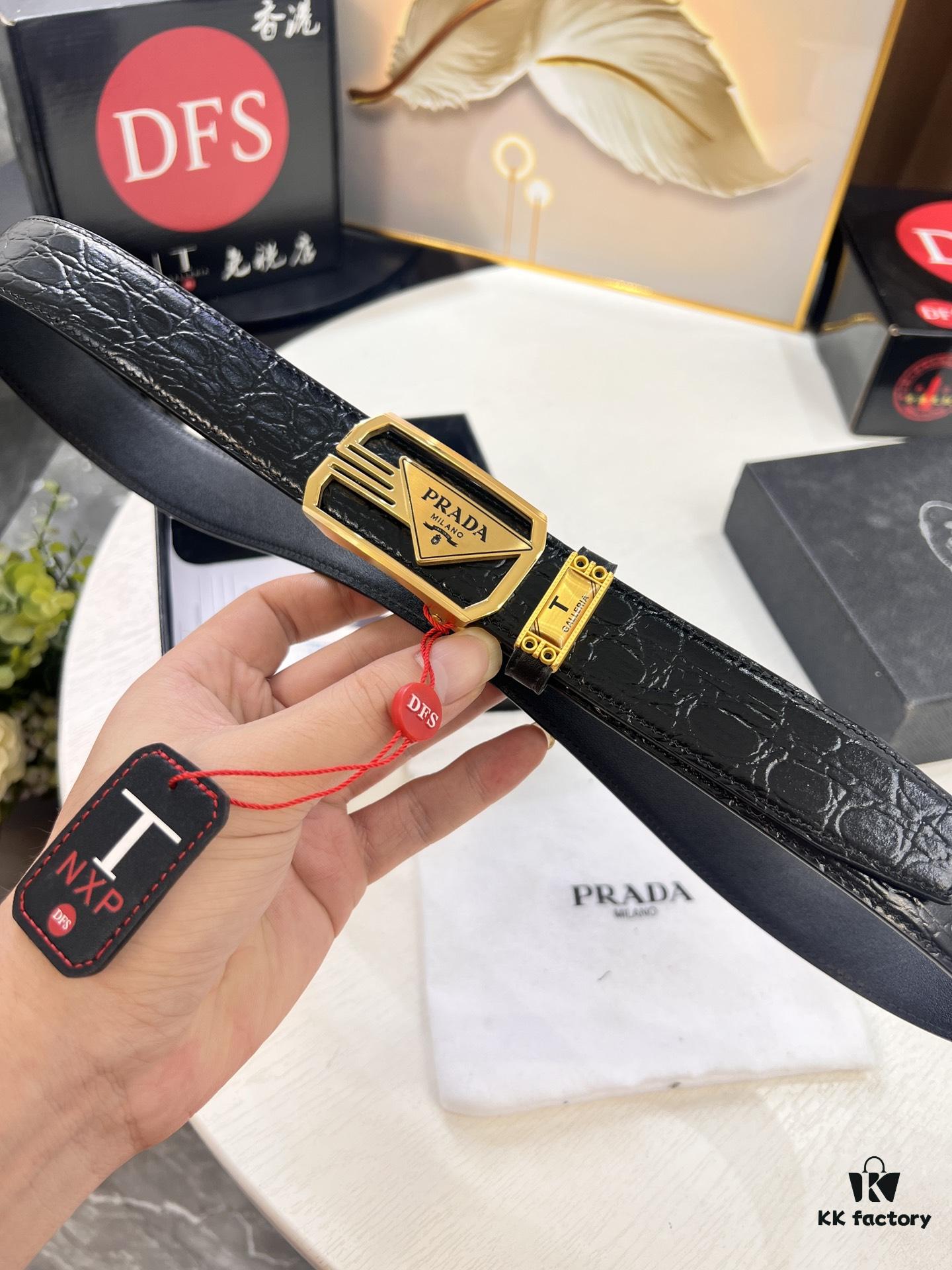 693200ab3a89a121ed550182 Prada Automatic Buckle Belt, Genuine Crocodile-Textured Top Layer Imported Leather, 3.5cm Width, Smooth Slide Track Closure