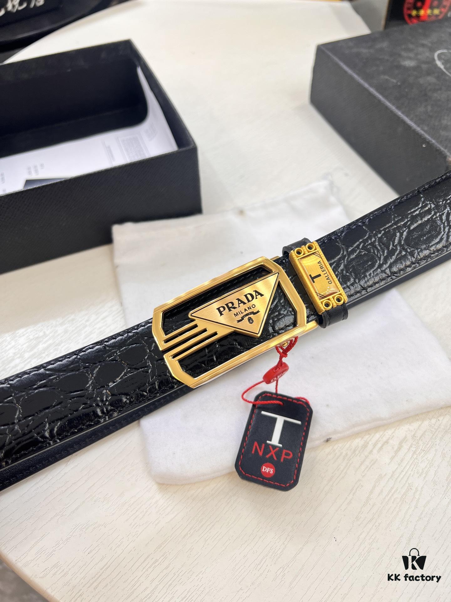 693200ab3a89a121ed550183 Prada Automatic Buckle Belt, Genuine Crocodile-Textured Top Layer Imported Leather, 3.5cm Width, Smooth Slide Track Closure