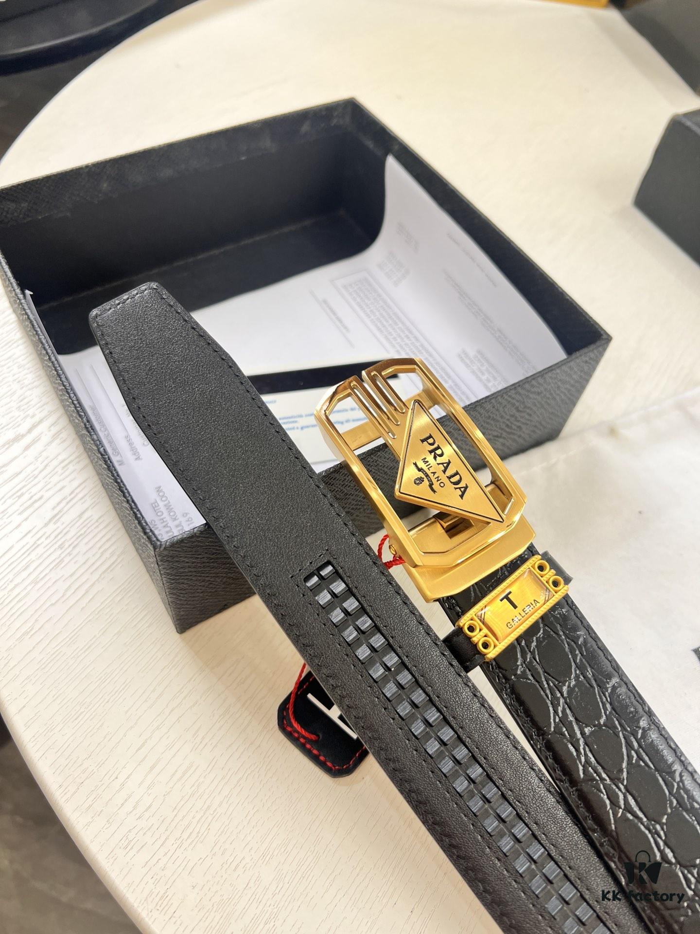 693200ab3a89a121ed550184 Prada Automatic Buckle Belt, Genuine Crocodile-Textured Top Layer Imported Leather, 3.5cm Width, Smooth Slide Track Closure