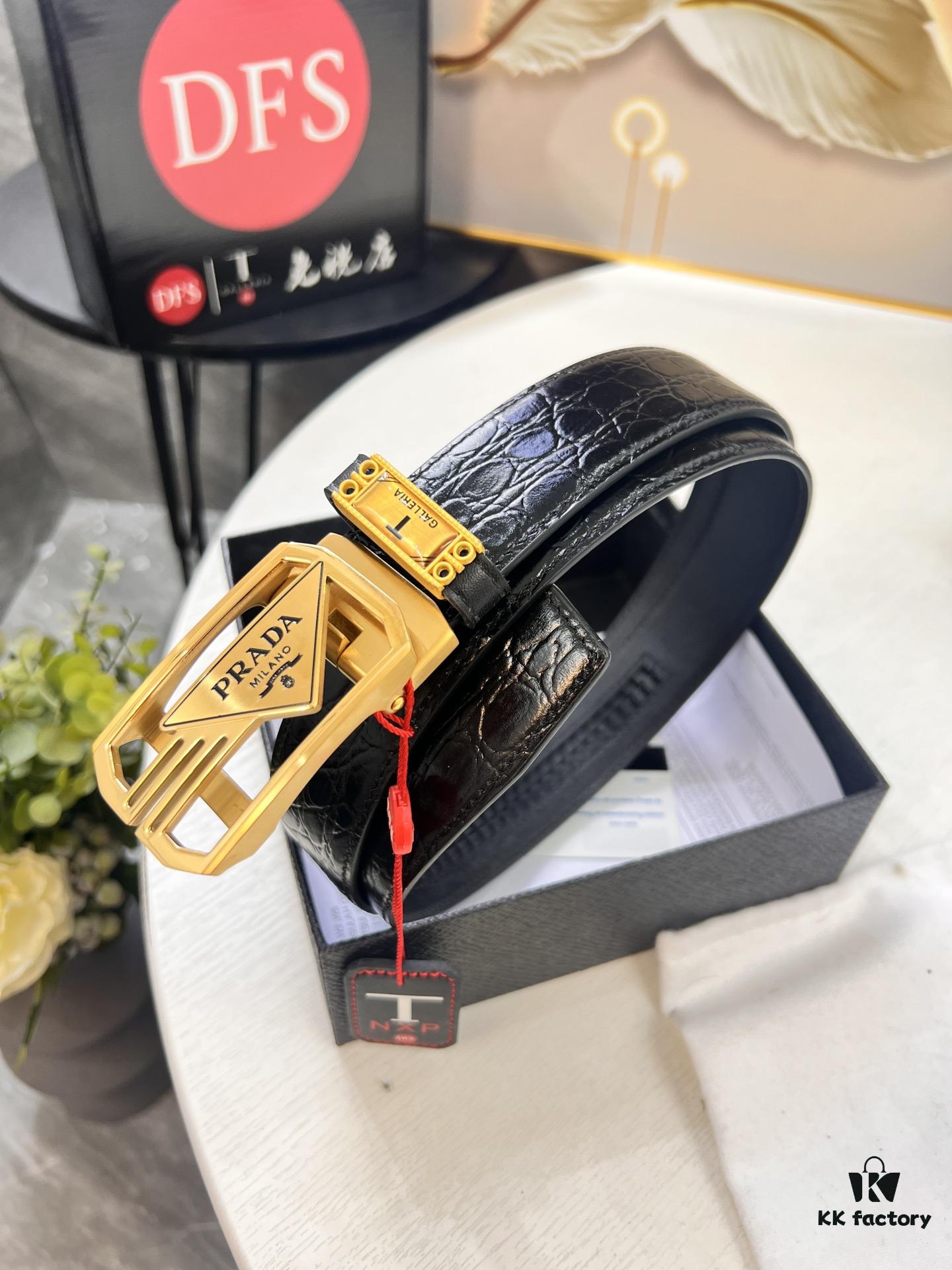 693200ab3a89a121ed550185 Prada Automatic Buckle Belt, Genuine Crocodile-Textured Top Layer Imported Leather, 3.5cm Width, Smooth Slide Track Closure