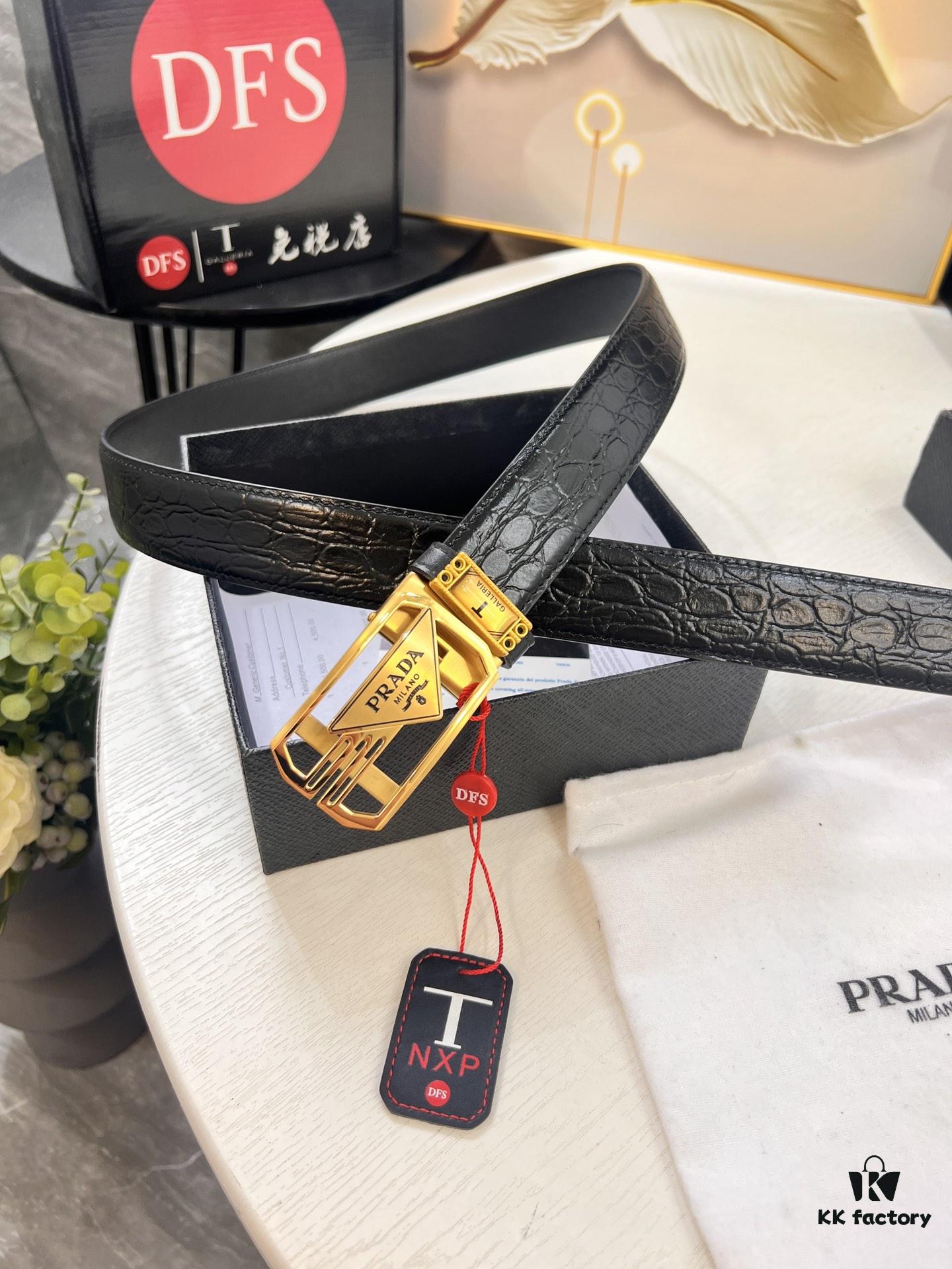 693200ab3a89a121ed550186 Prada Automatic Buckle Belt, Genuine Crocodile-Textured Top Layer Imported Leather, 3.5cm Width, Smooth Slide Track Closure