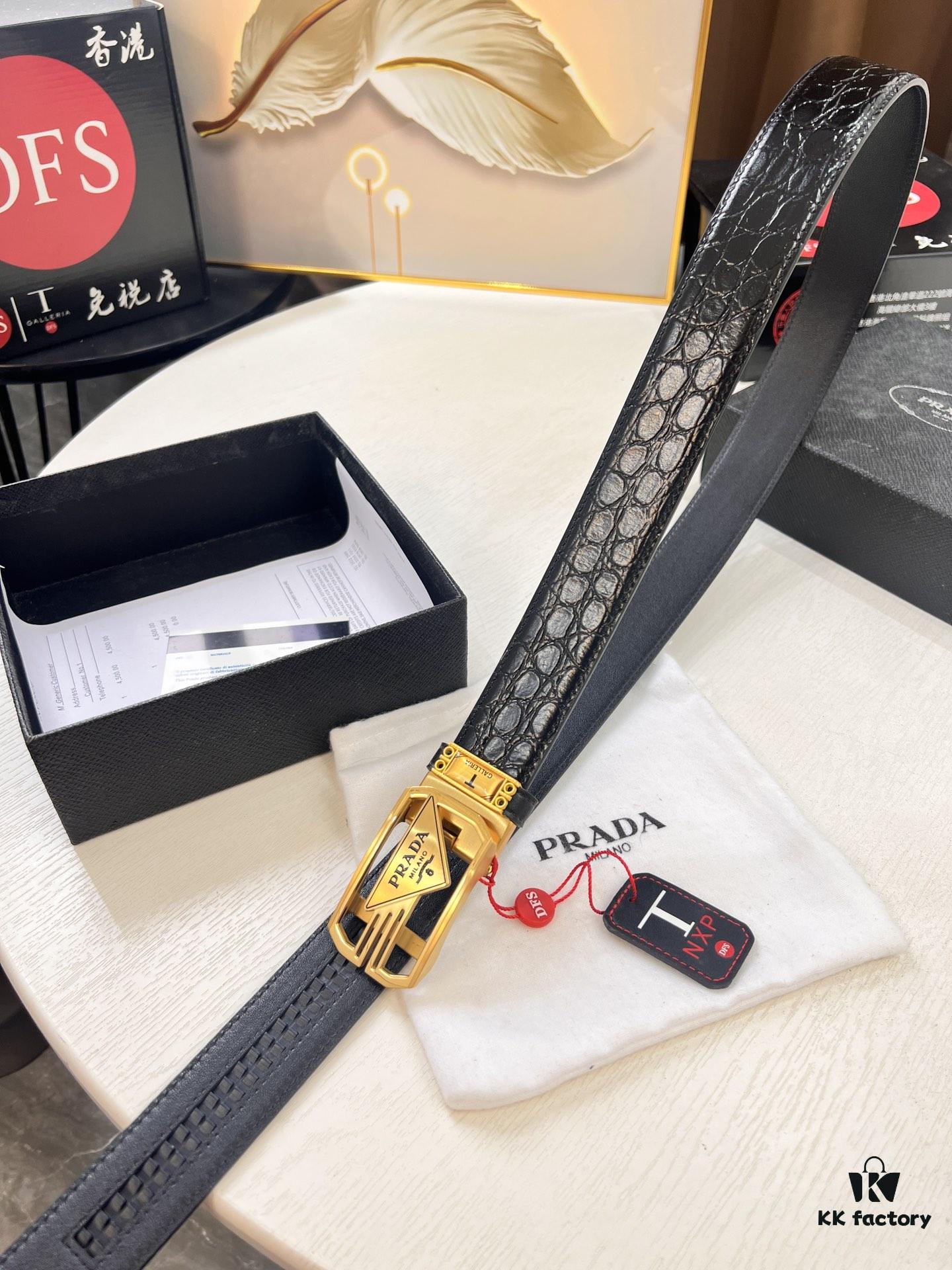 693200ab3a89a121ed550187 Prada Automatic Buckle Belt, Genuine Crocodile-Textured Top Layer Imported Leather, 3.5cm Width, Smooth Slide Track Closure