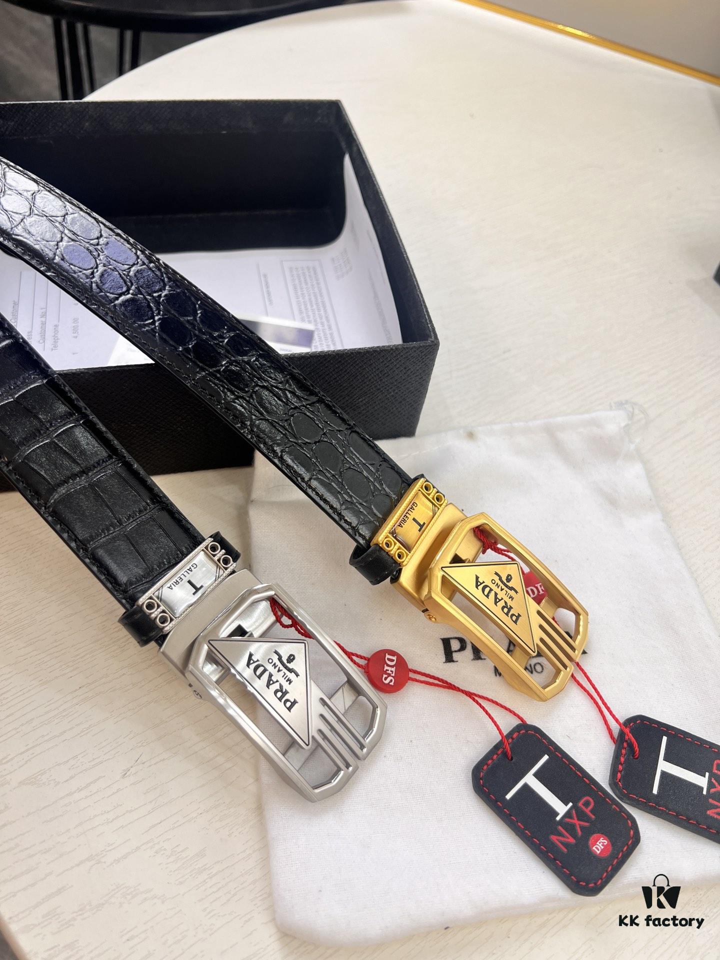 693200ab3a89a121ed550188 Prada Automatic Buckle Belt, Genuine Crocodile-Textured Top Layer Imported Leather, 3.5cm Width, Smooth Slide Track Closure