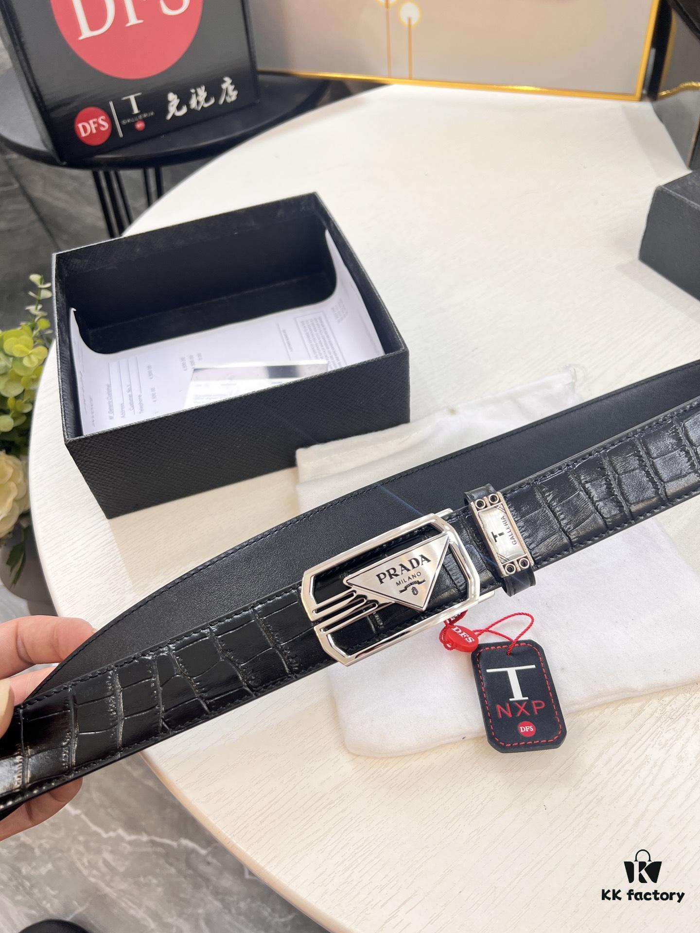 693200ac3a89a121ed55018a Prada Automatic Buckle Belt, Premium Crocodile-Textured Top Layer Imported Leather, 3.5cm Width, Smooth Slide Closure, Polished Black Coated Stainless Steel Hardware