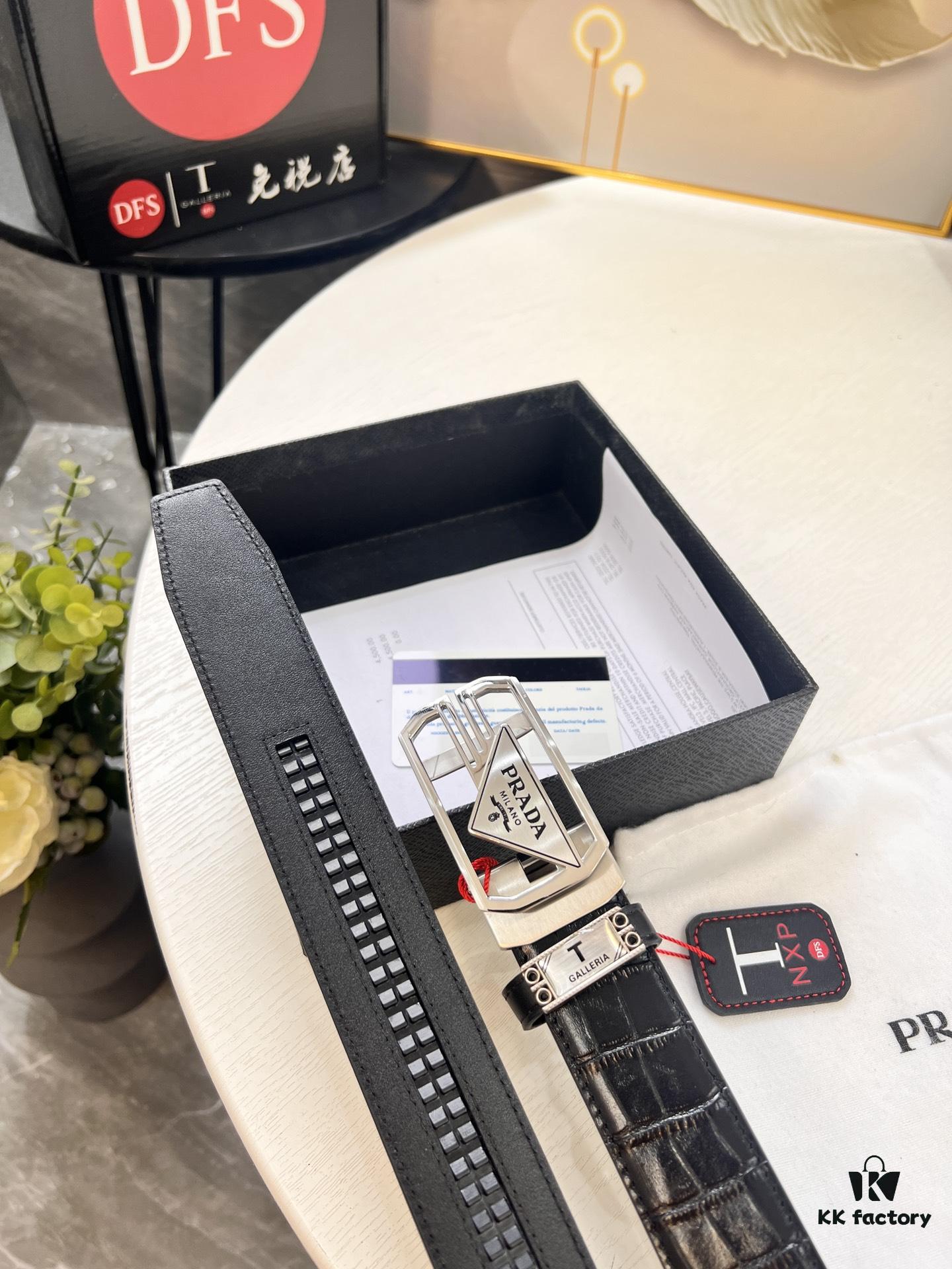 693200ac3a89a121ed55018b Prada Automatic Buckle Belt, Premium Crocodile-Textured Top Layer Imported Leather, 3.5cm Width, Smooth Slide Closure, Polished Black Coated Stainless Steel Hardware