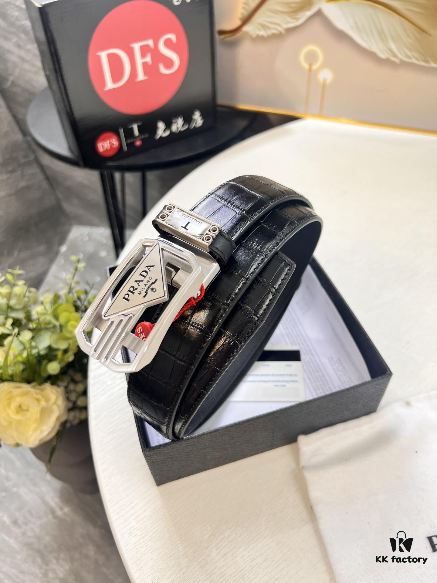 693200ac3a89a121ed55018c Prada Automatic Buckle Belt, Premium Crocodile-Textured Top Layer Imported Leather, 3.5cm Width, Smooth Slide Closure, Polished Black Coated Stainless Steel Hardware