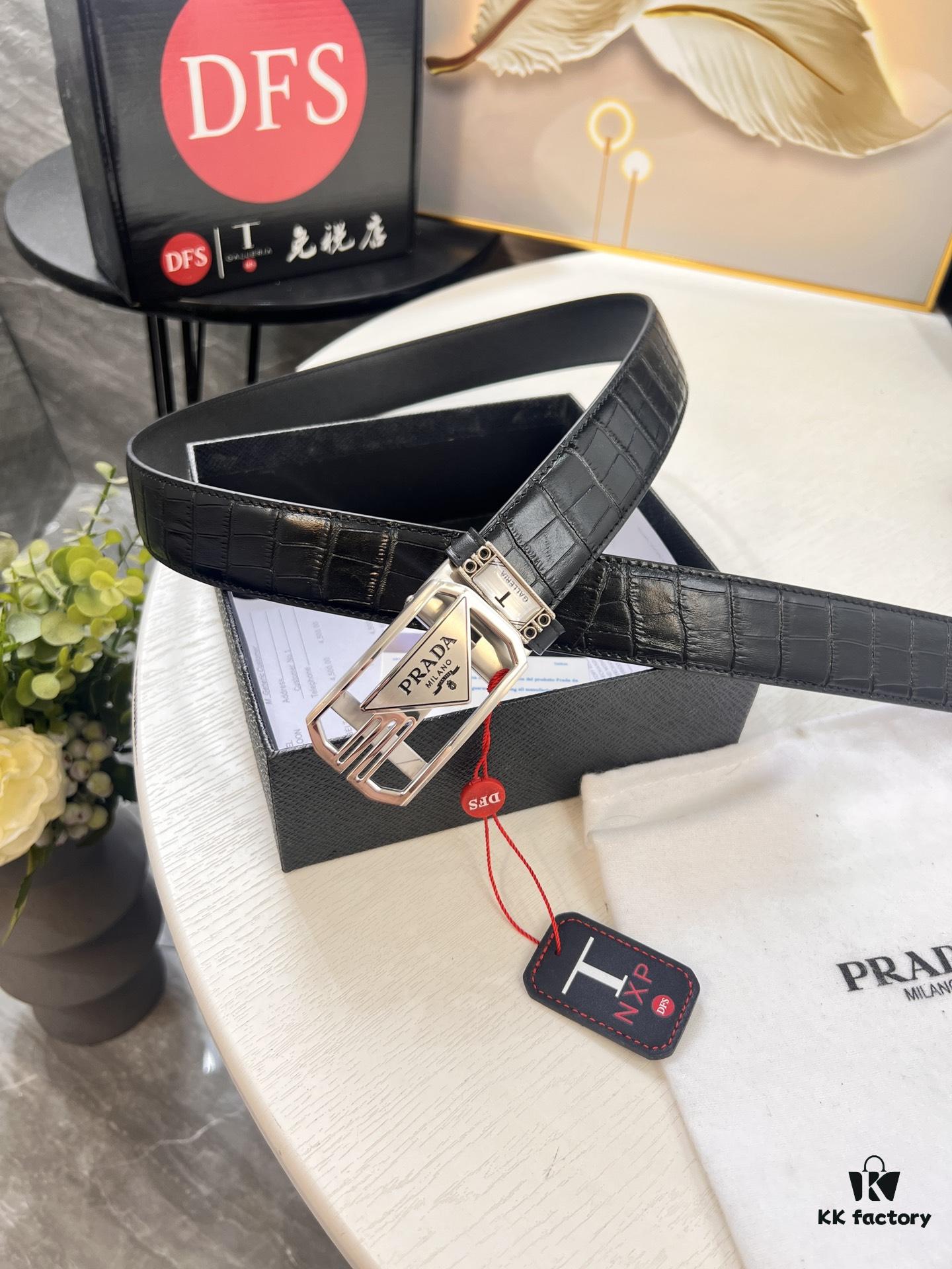 693200ac3a89a121ed55018d Prada Automatic Buckle Belt, Premium Crocodile-Textured Top Layer Imported Leather, 3.5cm Width, Smooth Slide Closure, Polished Black Coated Stainless Steel Hardware