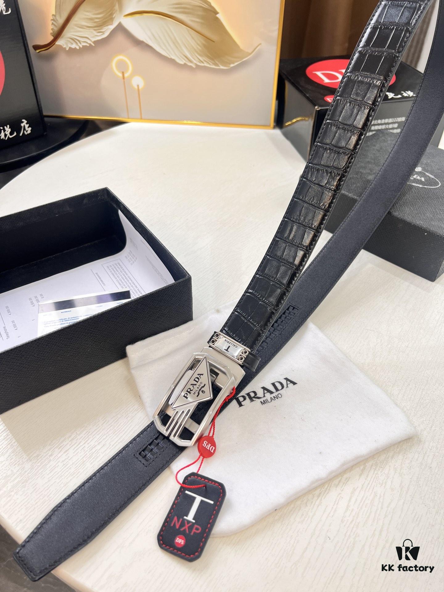 693200ac3a89a121ed55018e Prada Automatic Buckle Belt, Premium Crocodile-Textured Top Layer Imported Leather, 3.5cm Width, Smooth Slide Closure, Polished Black Coated Stainless Steel Hardware
