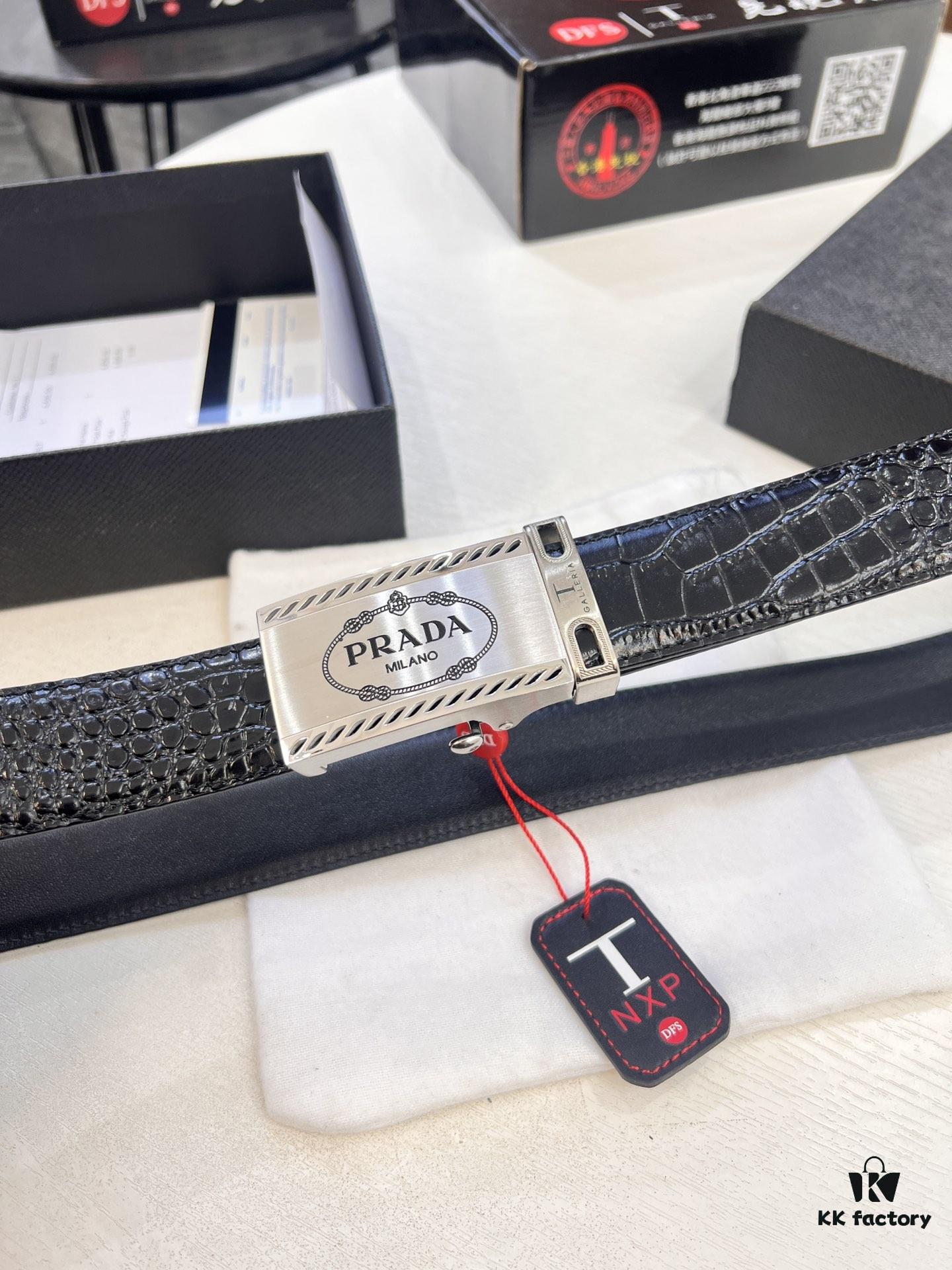 693200ad3a89a121ed550198 Prada Automatic Buckle Belt, Genuine Crocodile-Embossed Top-Layer Imported Leather, 3.5cm Width, Premium Business Formal Belt with Smooth Slide Closure