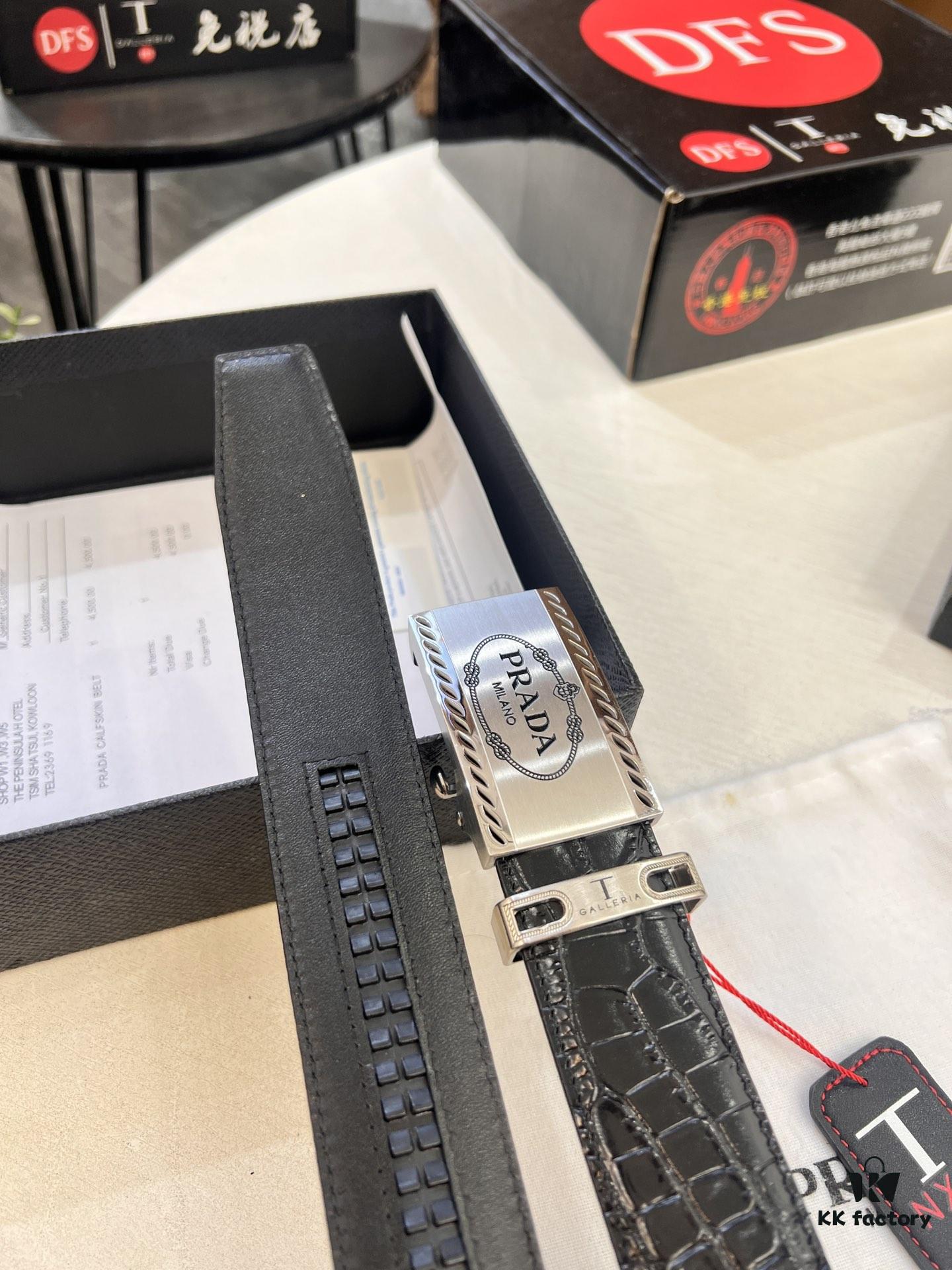 693200ad3a89a121ed550199 Prada Automatic Buckle Belt, Genuine Crocodile-Embossed Top-Layer Imported Leather, 3.5cm Width, Premium Business Formal Belt with Smooth Slide Closure