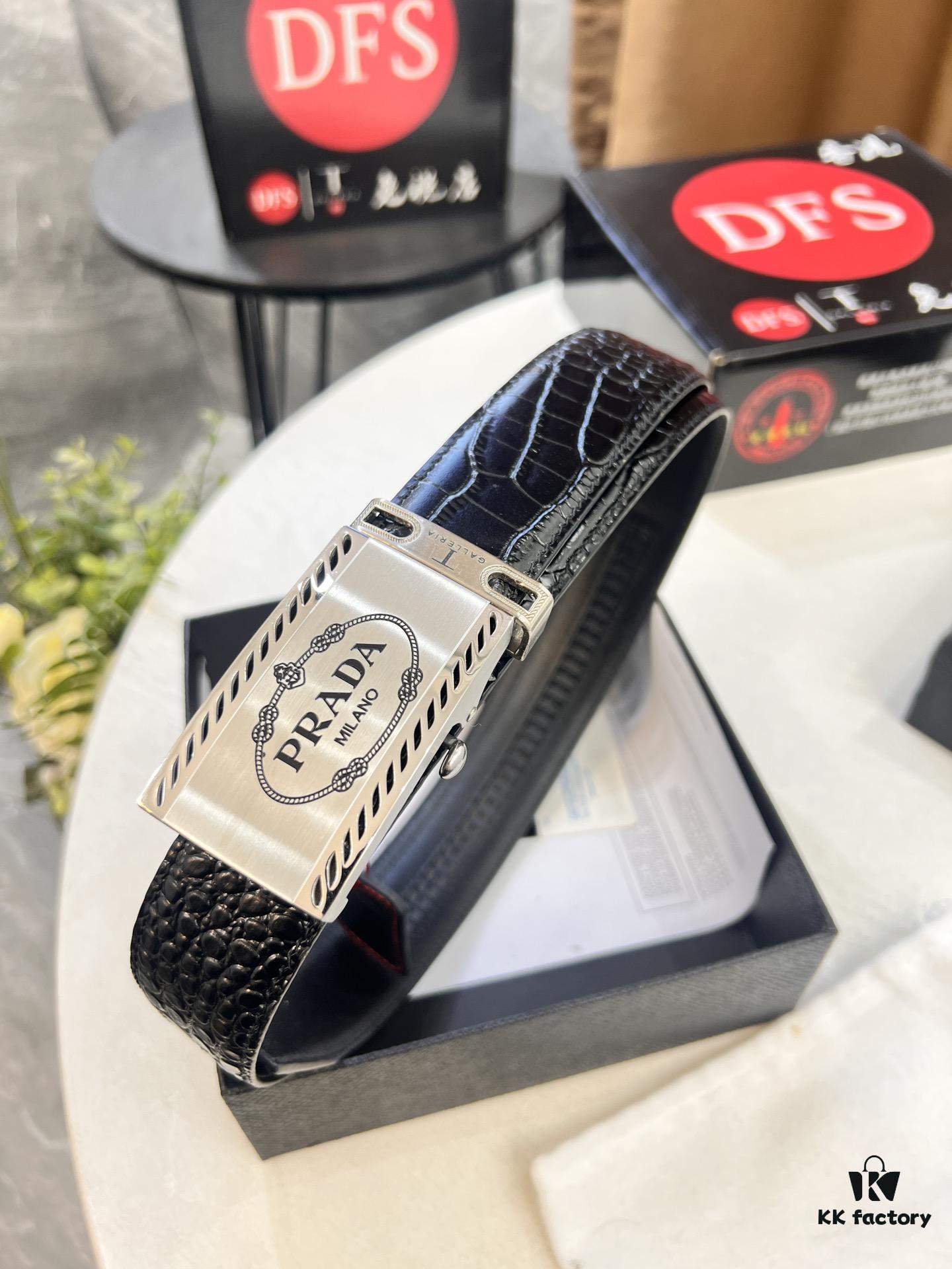 693200ad3a89a121ed55019a Prada Automatic Buckle Belt, Genuine Crocodile-Embossed Top-Layer Imported Leather, 3.5cm Width, Premium Business Formal Belt with Smooth Slide Closure
