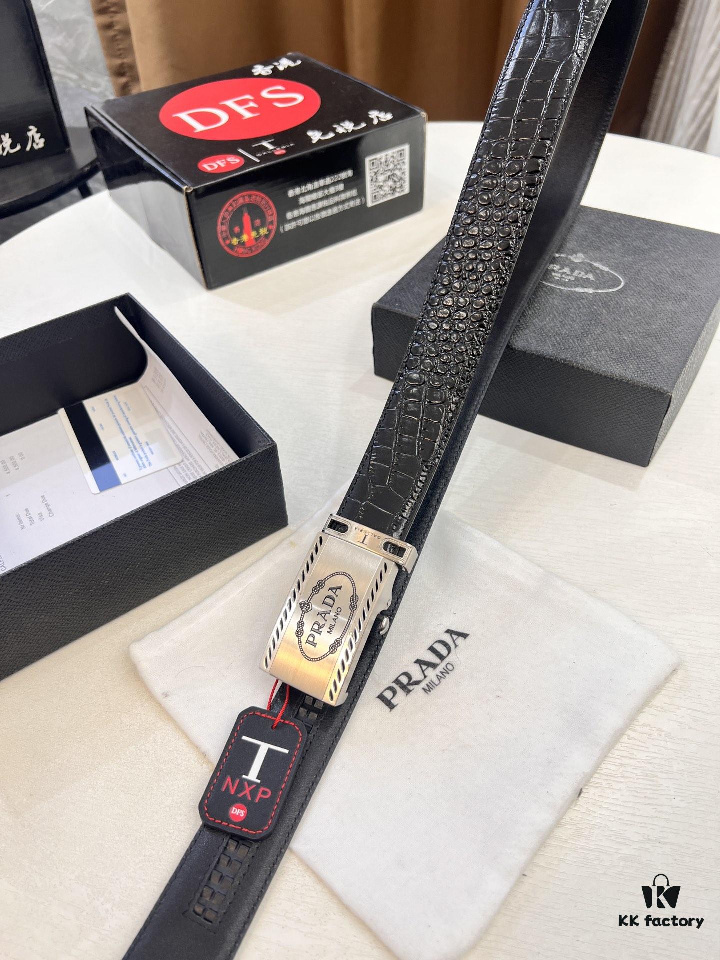 693200ad3a89a121ed55019b Prada Automatic Buckle Belt, Genuine Crocodile-Embossed Top-Layer Imported Leather, 3.5cm Width, Premium Business Formal Belt with Smooth Slide Closure