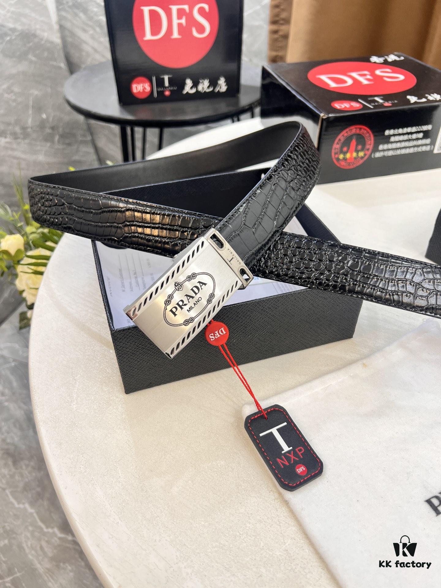 693200ad3a89a121ed55019c Prada Automatic Buckle Belt, Genuine Crocodile-Embossed Top-Layer Imported Leather, 3.5cm Width, Premium Business Formal Belt with Smooth Slide Closure