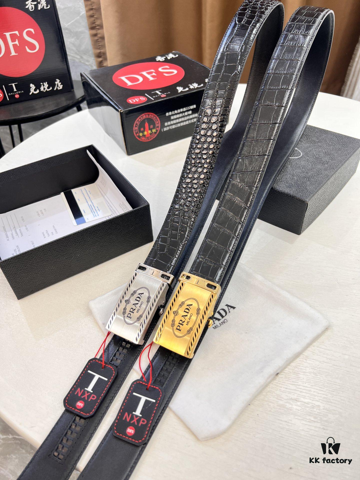 693200ad3a89a121ed55019d Prada Automatic Buckle Belt, Genuine Crocodile-Embossed Top-Layer Imported Leather, 3.5cm Width, Premium Business Formal Belt with Smooth Slide Closure