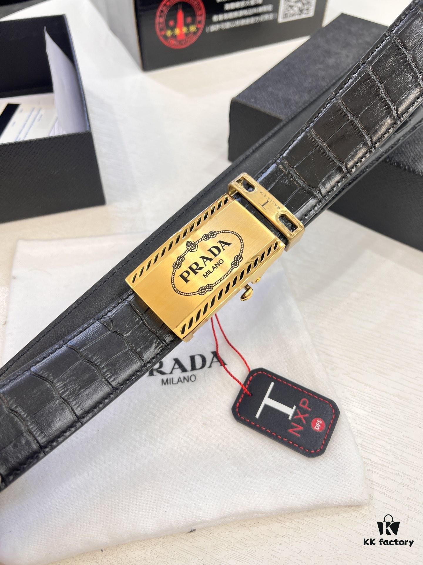 693200ad3a89a121ed55019f Prada Automatic Buckle Belt, Genuine Crocodile Pattern Top Layer Imported Leather, 3.5cm Width, Luxury Business Formal Belt with Smooth Slide Closure