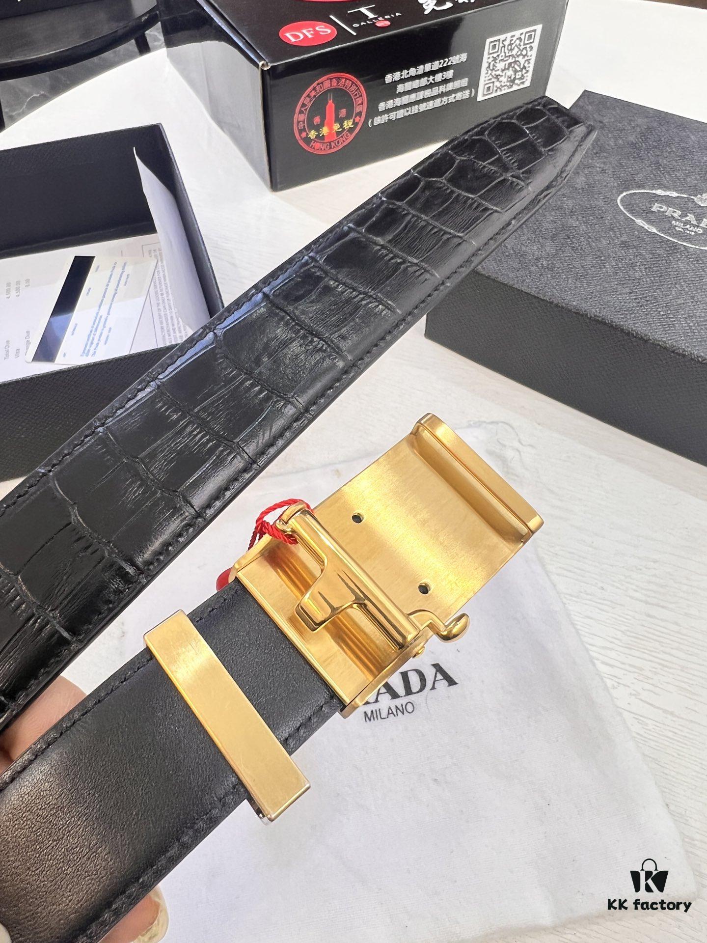693200ad3a89a121ed5501a0 Prada Automatic Buckle Belt, Genuine Crocodile Pattern Top Layer Imported Leather, 3.5cm Width, Luxury Business Formal Belt with Smooth Slide Closure