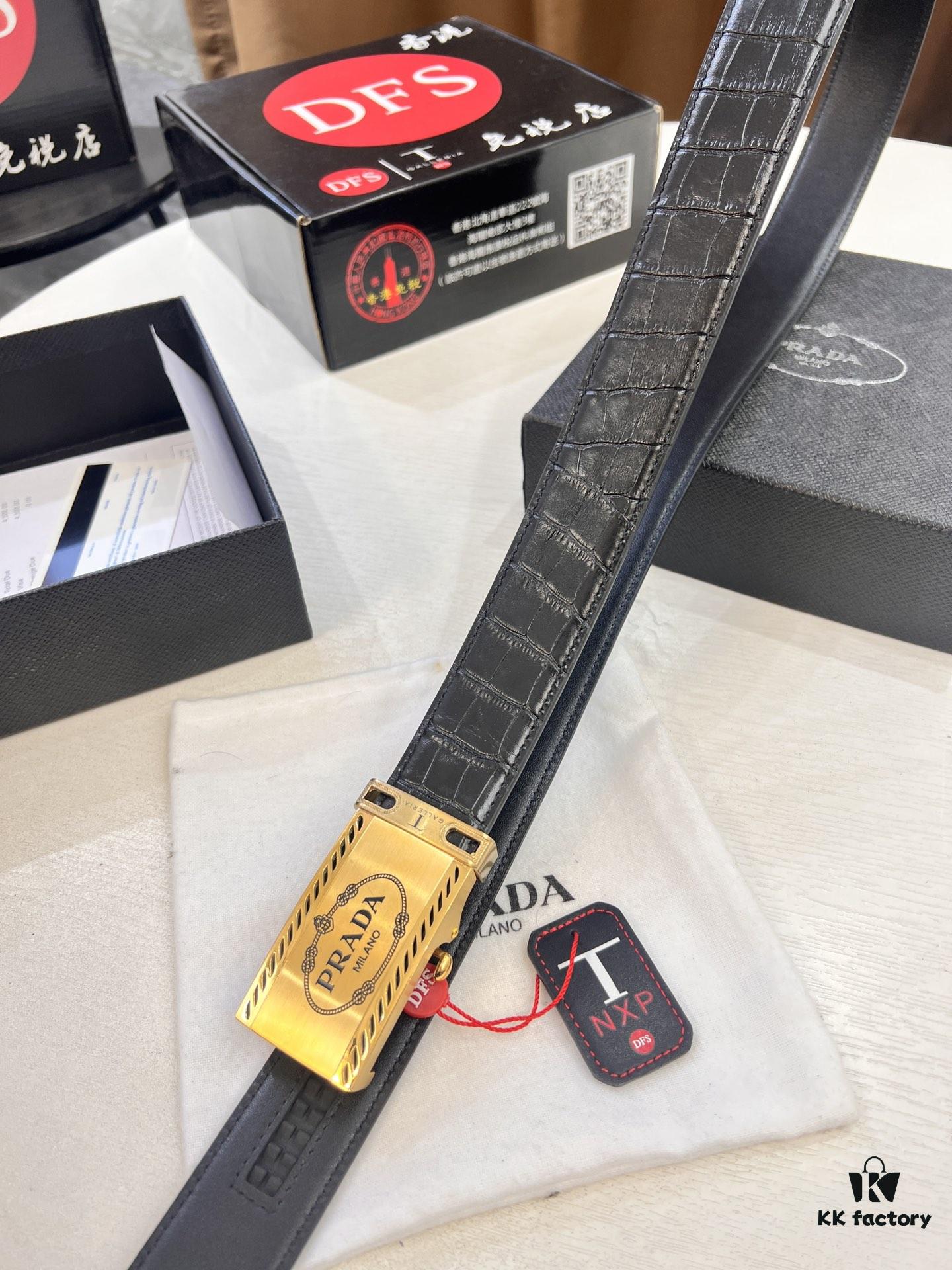 693200ad3a89a121ed5501a1 Prada Automatic Buckle Belt, Genuine Crocodile Pattern Top Layer Imported Leather, 3.5cm Width, Luxury Business Formal Belt with Smooth Slide Closure