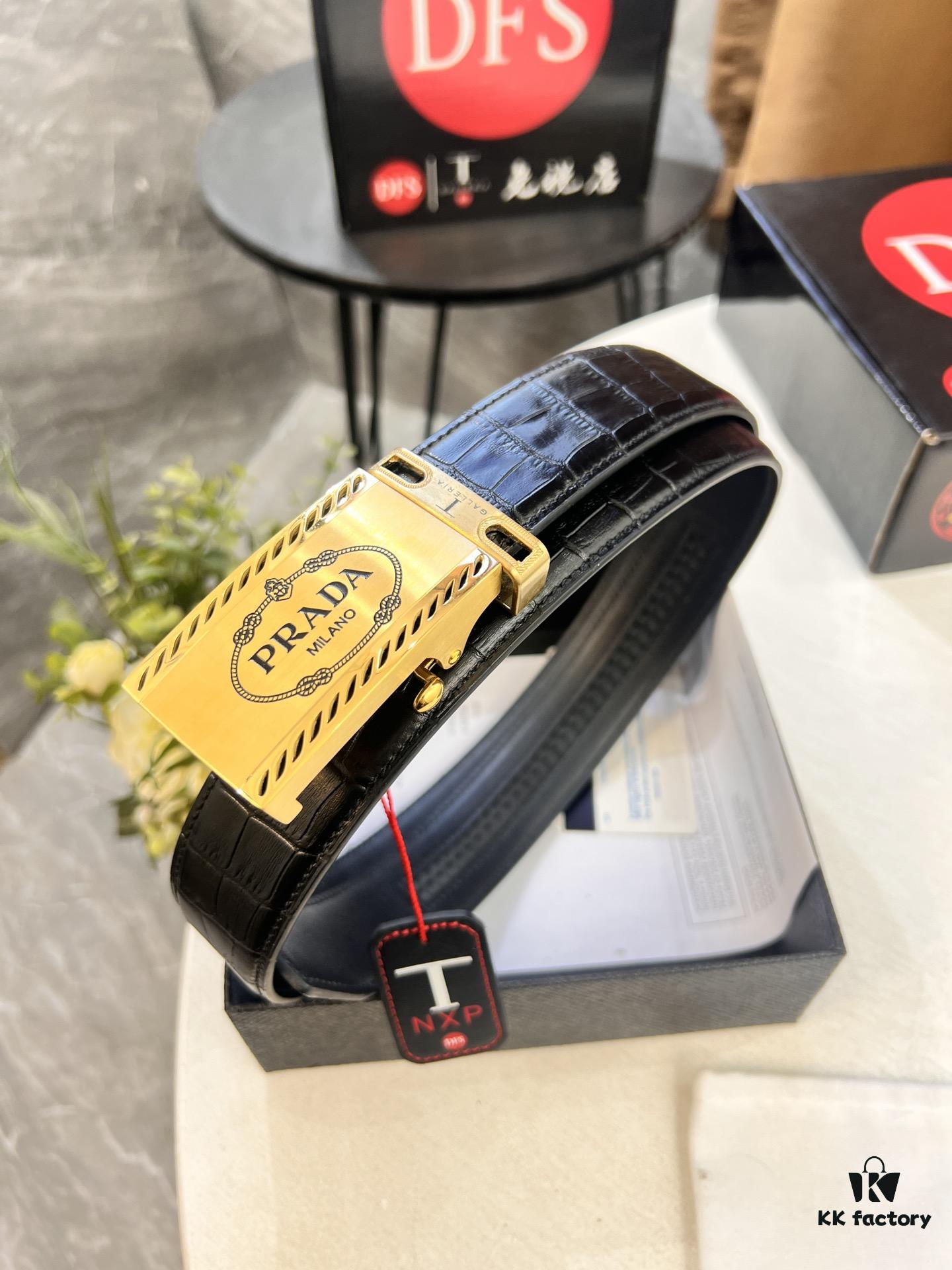 693200ad3a89a121ed5501a2 Prada Automatic Buckle Belt, Genuine Crocodile Pattern Top Layer Imported Leather, 3.5cm Width, Luxury Business Formal Belt with Smooth Slide Closure