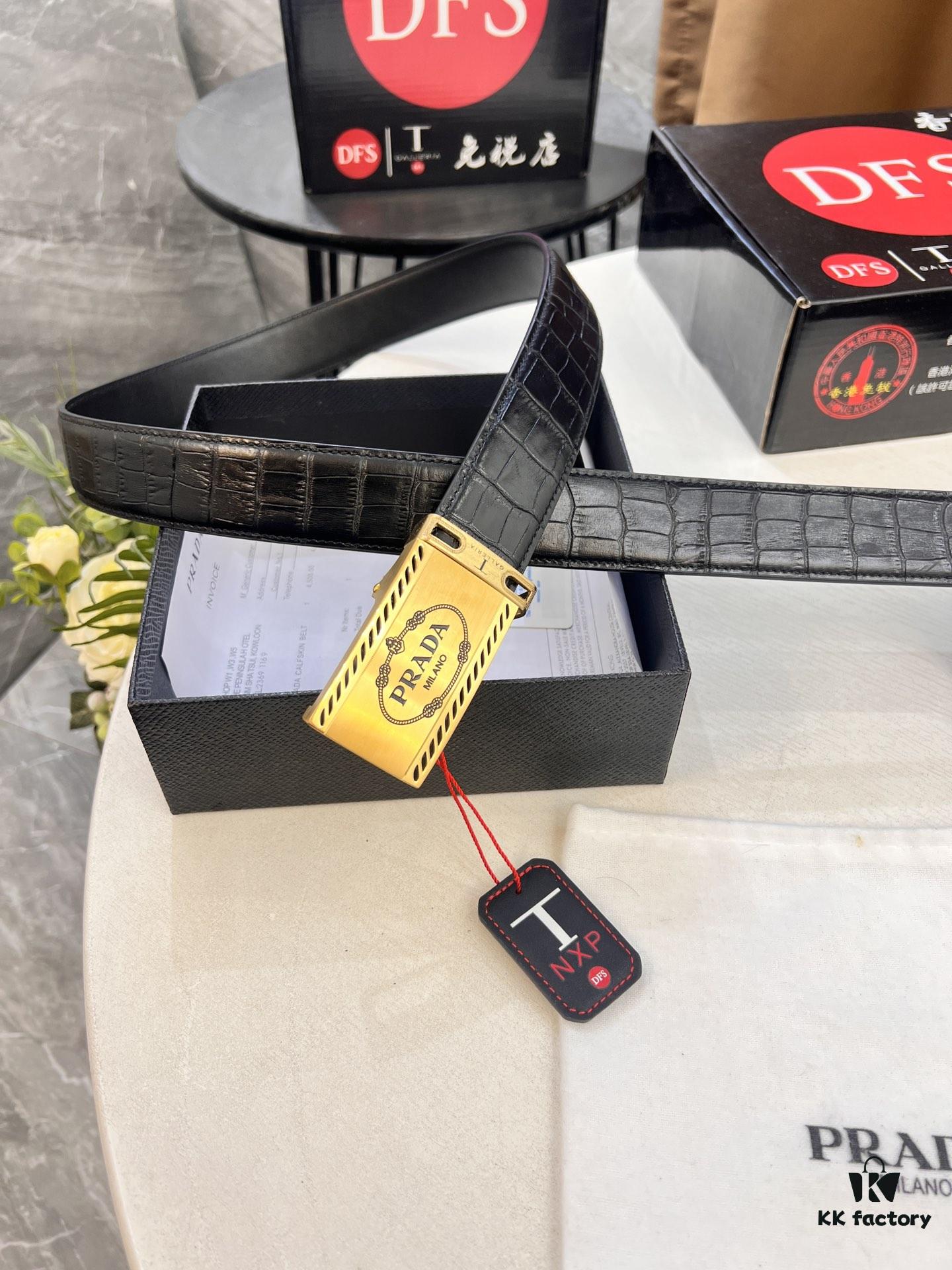 693200ad3a89a121ed5501a3 Prada Automatic Buckle Belt, Genuine Crocodile Pattern Top Layer Imported Leather, 3.5cm Width, Luxury Business Formal Belt with Smooth Slide Closure