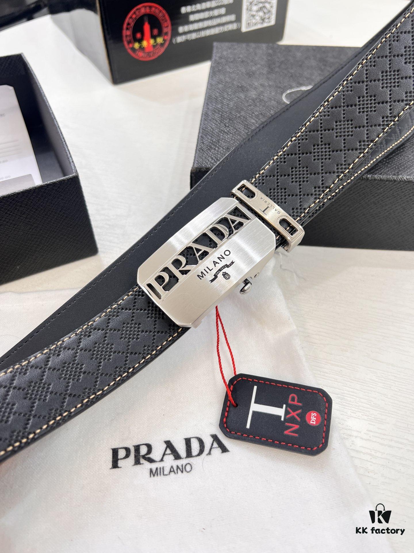 Prada Automatic Buckle Belt, Genuine Imported Cowhide with Basketball Texture, Top-Quality Business Formal Belt