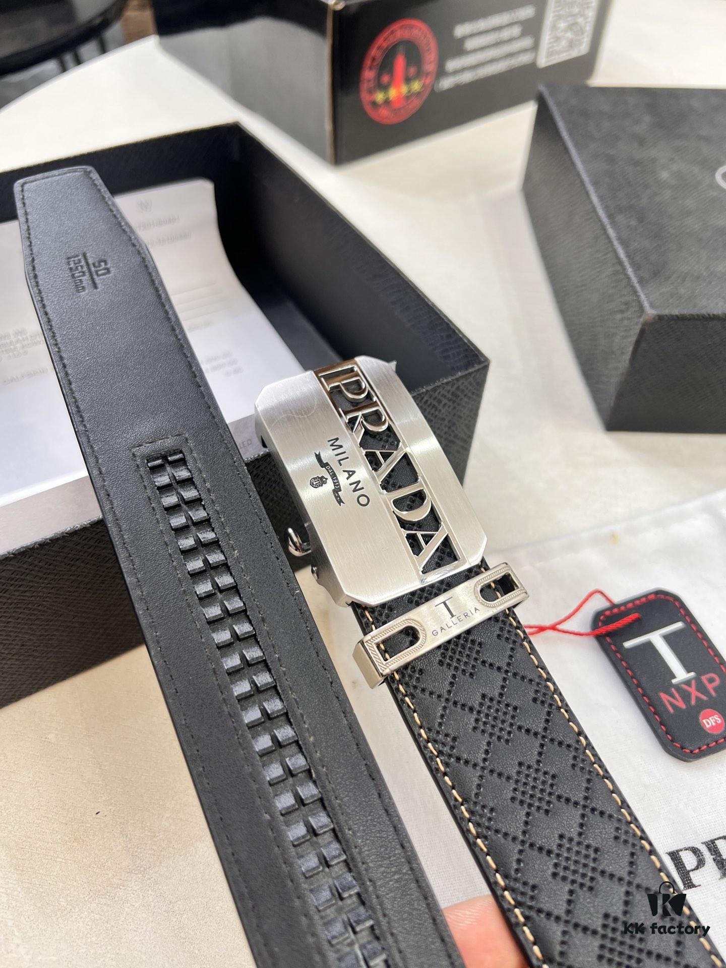 Prada Automatic Buckle Belt, Genuine Imported Cowhide with Basketball Texture, Top-Quality Business Formal Belt