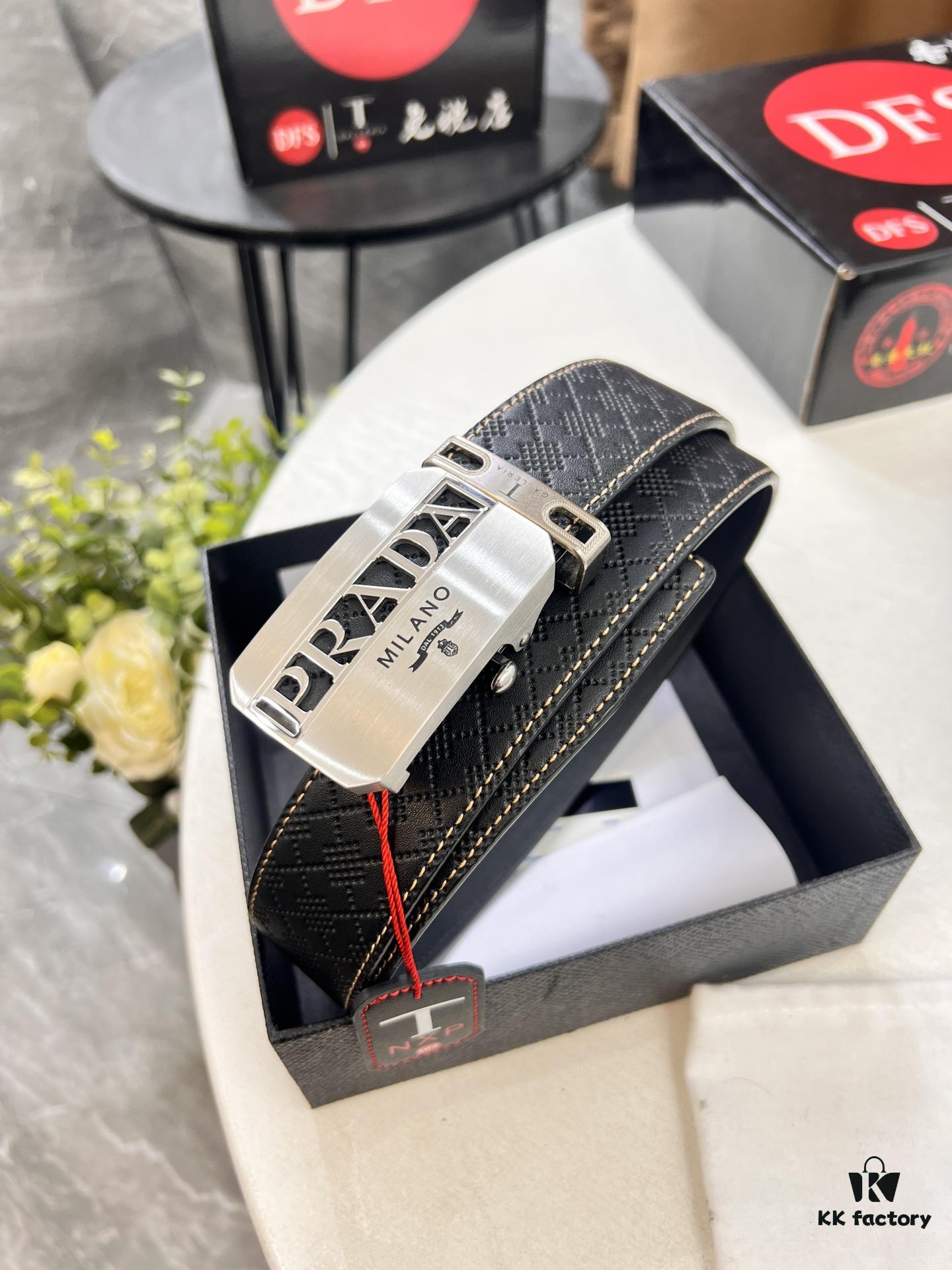 Prada Automatic Buckle Belt, Genuine Imported Cowhide with Basketball Texture, Top-Quality Business Formal Belt