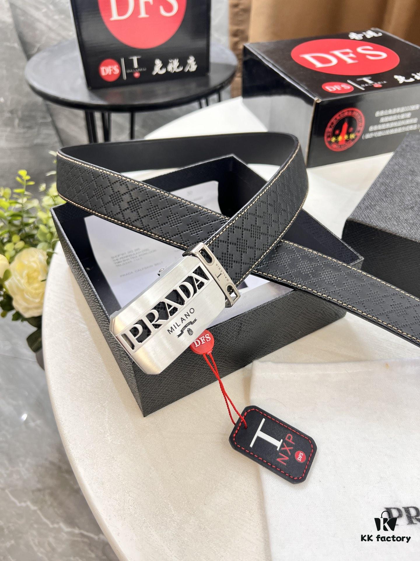 Prada Automatic Buckle Belt, Genuine Imported Cowhide with Basketball Texture, Top-Quality Business Formal Belt