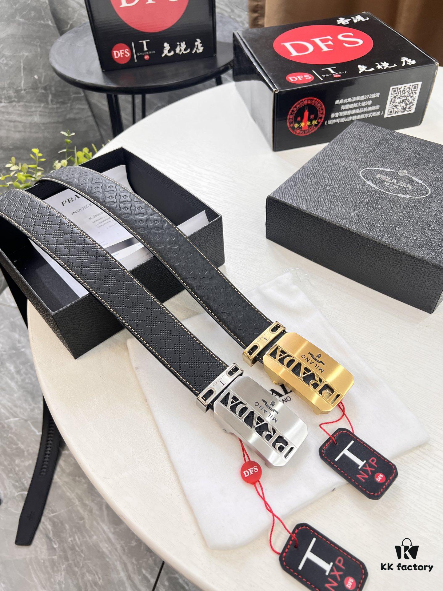 Prada Automatic Buckle Belt, Genuine Imported Cowhide with Basketball Texture, Top-Quality Business Formal Belt