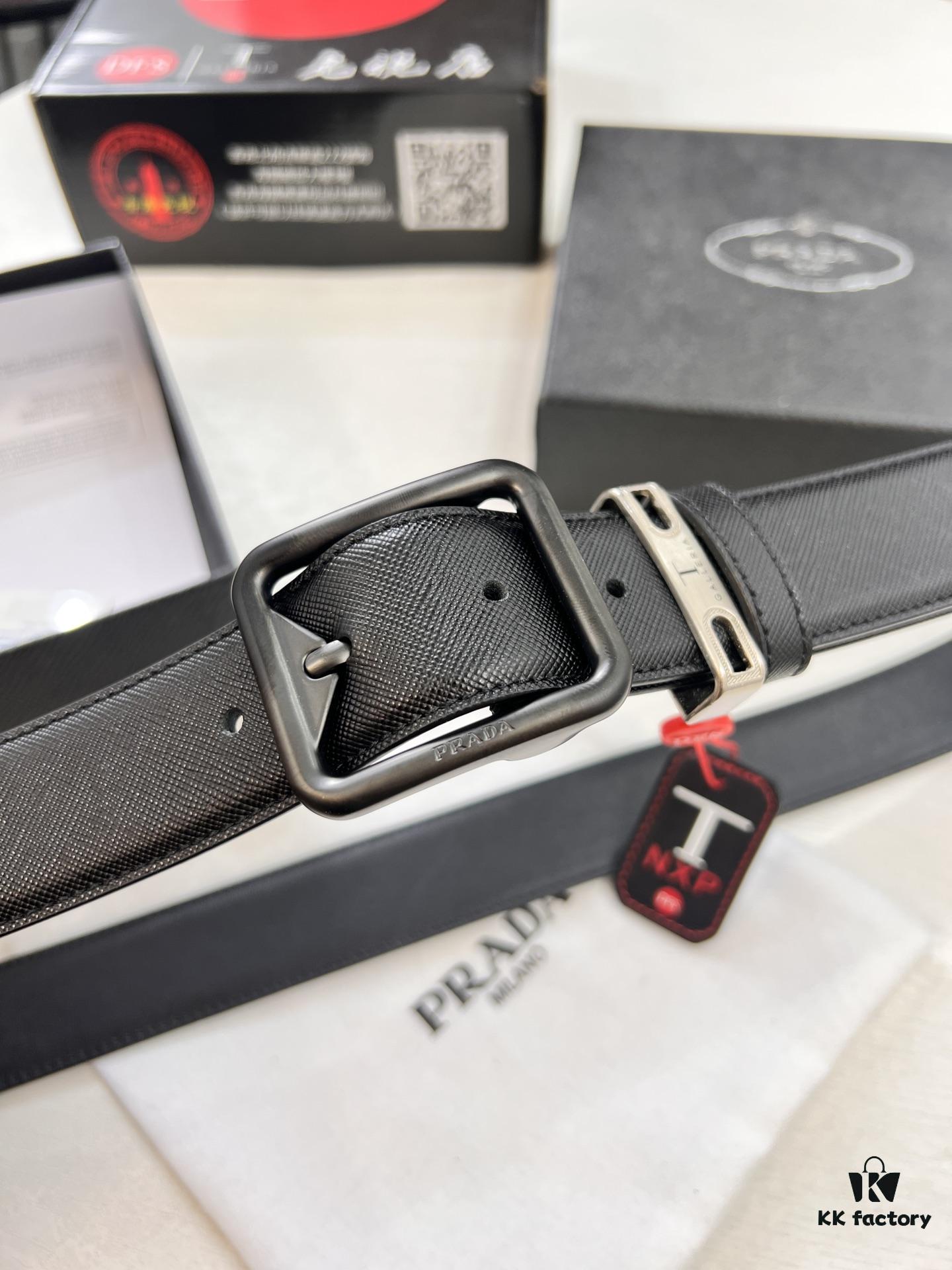 693200cb3a89a121ed550201 Prada Men's Leather Belt, Genuine Imported Cowhide with Cross-Texture, 3.5 cm Width, Double Color, ZP Molded Pin Buckle Hardware