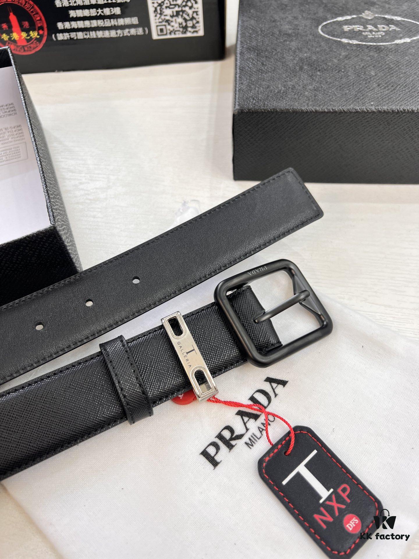 693200cb3a89a121ed550202 Prada Men's Leather Belt, Genuine Imported Cowhide with Cross-Texture, 3.5 cm Width, Double Color, ZP Molded Pin Buckle Hardware