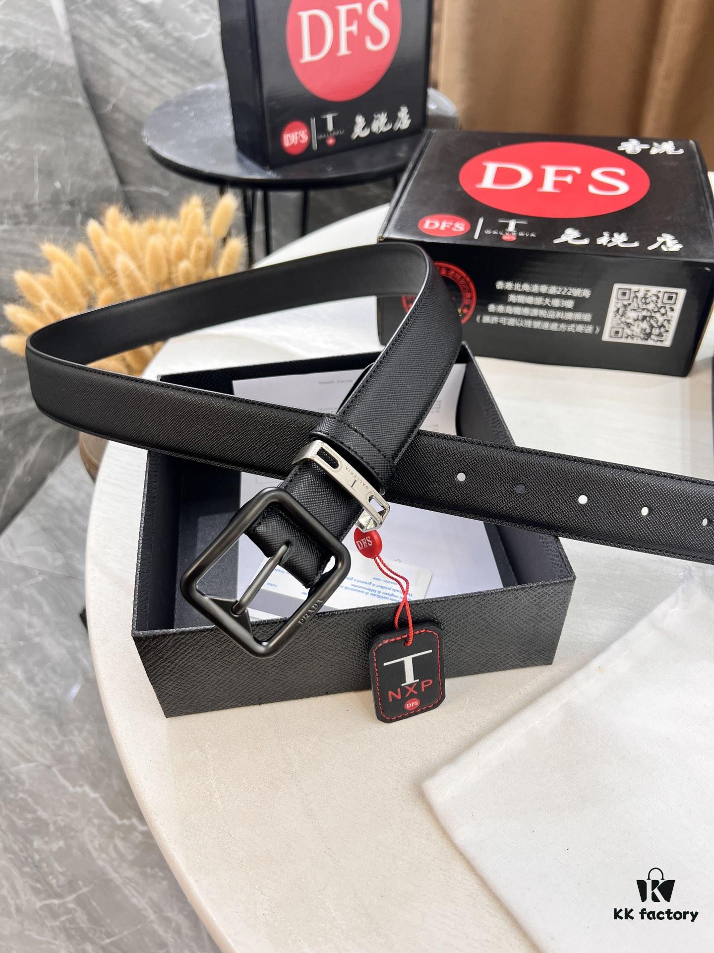693200cb3a89a121ed550203 Prada Men's Leather Belt, Genuine Imported Cowhide with Cross-Texture, 3.5 cm Width, Double Color, ZP Molded Pin Buckle Hardware