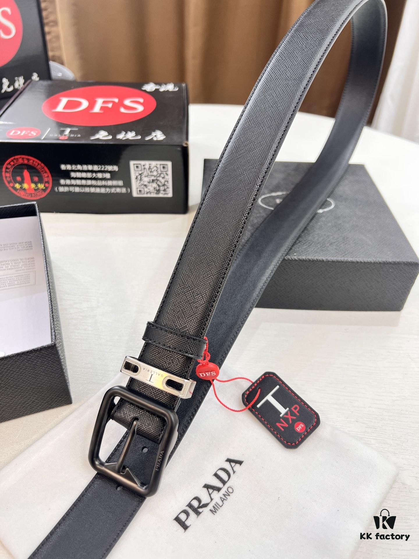 693200cb3a89a121ed550204 Prada Men's Leather Belt, Genuine Imported Cowhide with Cross-Texture, 3.5 cm Width, Double Color, ZP Molded Pin Buckle Hardware