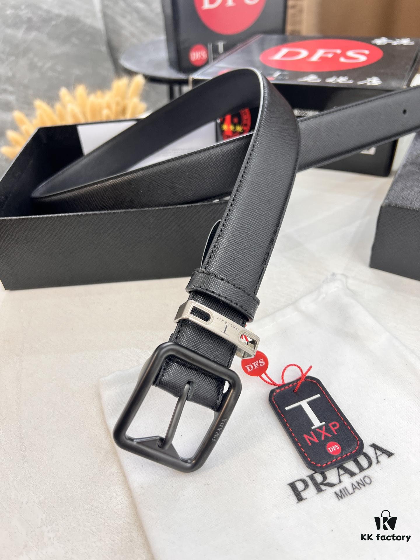 693200cb3a89a121ed550205 Prada Men's Leather Belt, Genuine Imported Cowhide with Cross-Texture, 3.5 cm Width, Double Color, ZP Molded Pin Buckle Hardware