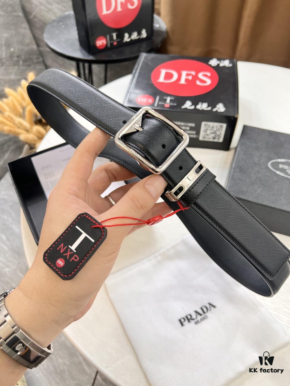 693200cb3a89a121ed550207 Prada Men's Belt, Genuine Imported Cowhide with Cross-Texture, 3.5 cm Width, Double Color, ZP Molded Pin Buckle Hardware