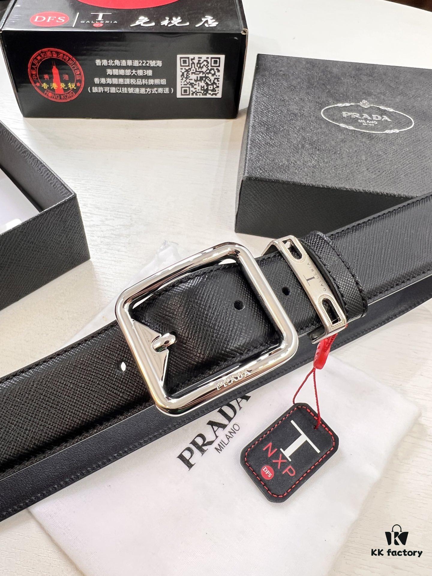 693200cb3a89a121ed550208 Prada Men's Belt, Genuine Imported Cowhide with Cross-Texture, 3.5 cm Width, Double Color, ZP Molded Pin Buckle Hardware